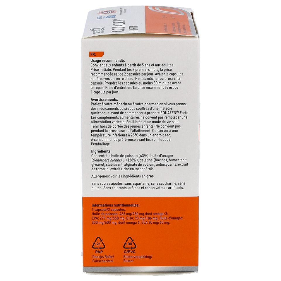 Seitenansicht der EQUAZEN® FORTE-Verpackung. Text über Dosierung, Inhaltsstoffe und Warnhinweise.