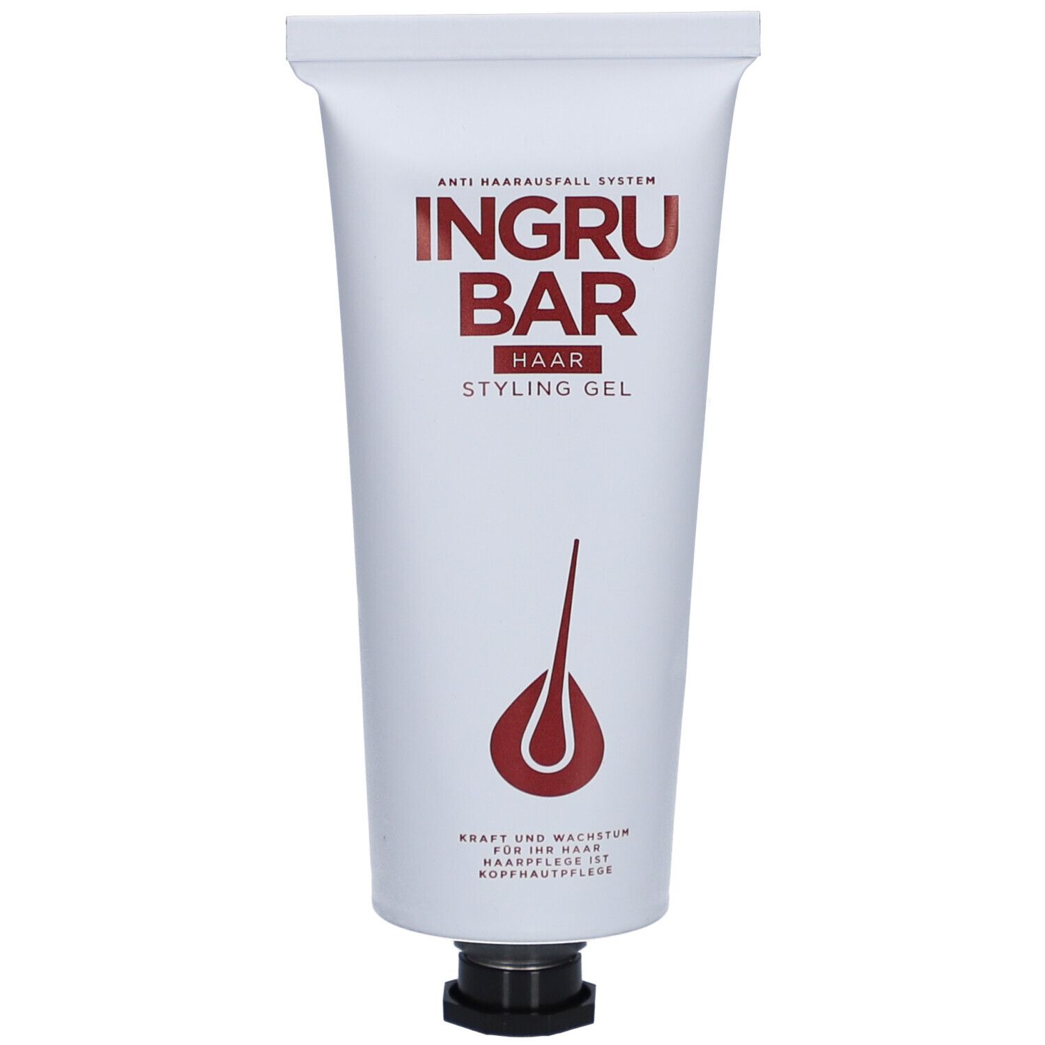 Tube blanc avec logo et texte rouges. Nom du produit : Ingrubar Haar Styling Gel. Bouchon noir. Système anti-chute de cheveux.