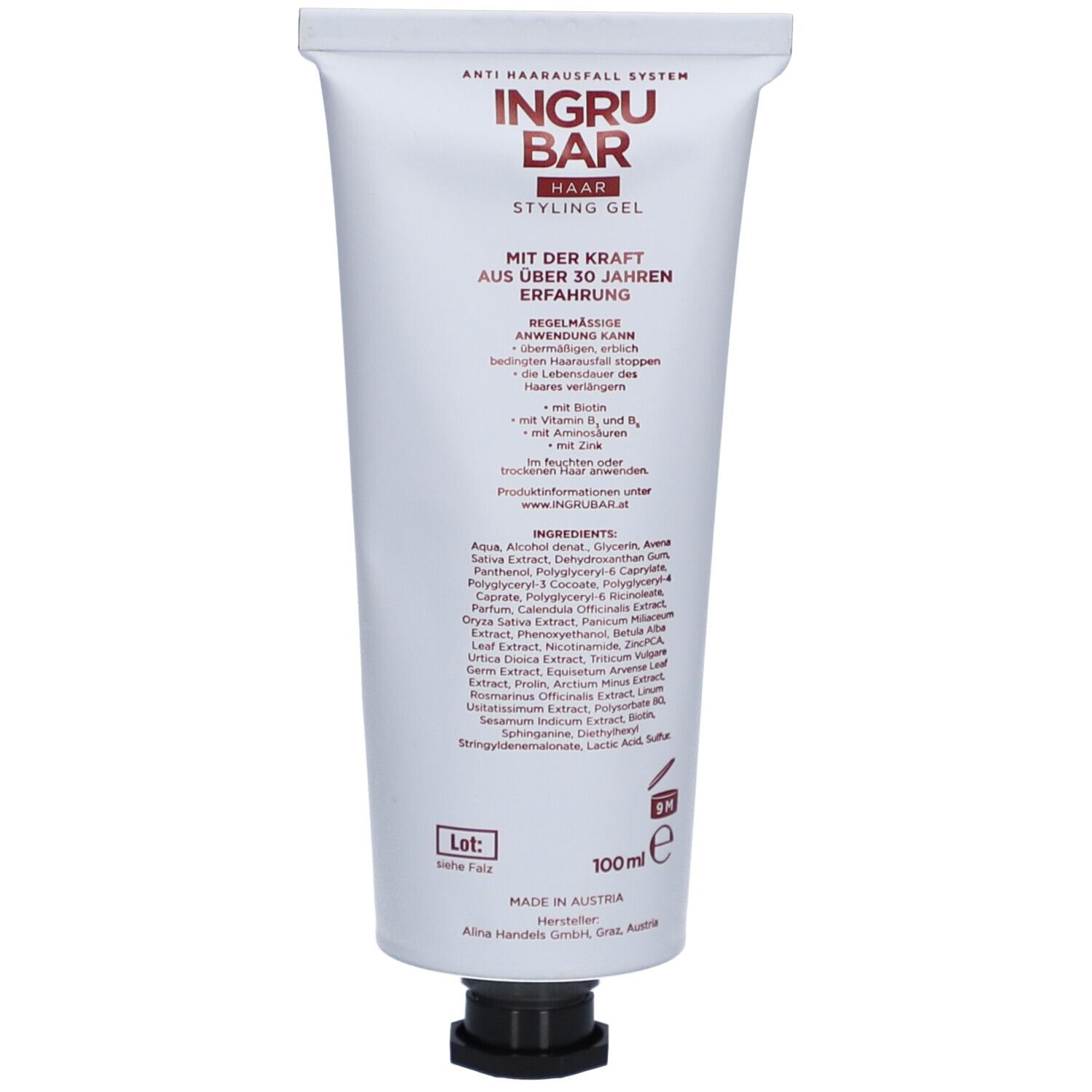 Tube blanc avec logo et texte rouges. Nom du produit : Ingrubar Haar Styling Gel. Texte avec ingrédients et informations. Bouchon noir.