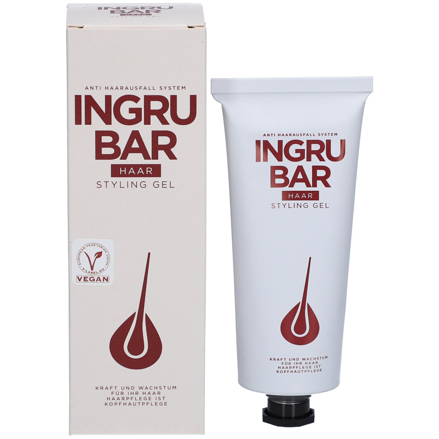 Produit et emballage. Tube et boîte blancs avec logo et texte rouges. Label vegan. Nom du produit : Ingrubar Haar Styling Gel.