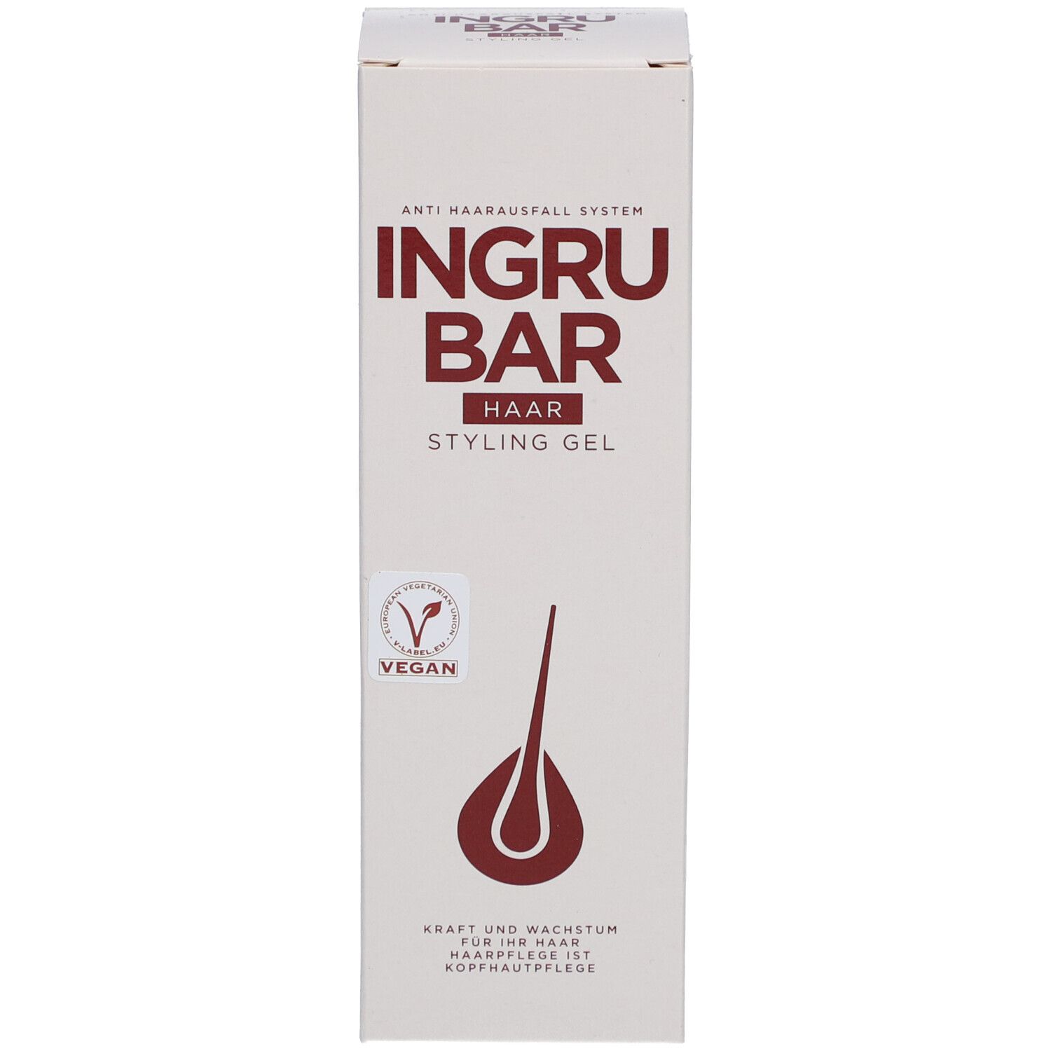 Boîte blanche avec logo et texte rouges. Label vegan. Nom du produit : Ingrubar Haar Styling Gel. Système anti-chute de cheveux.