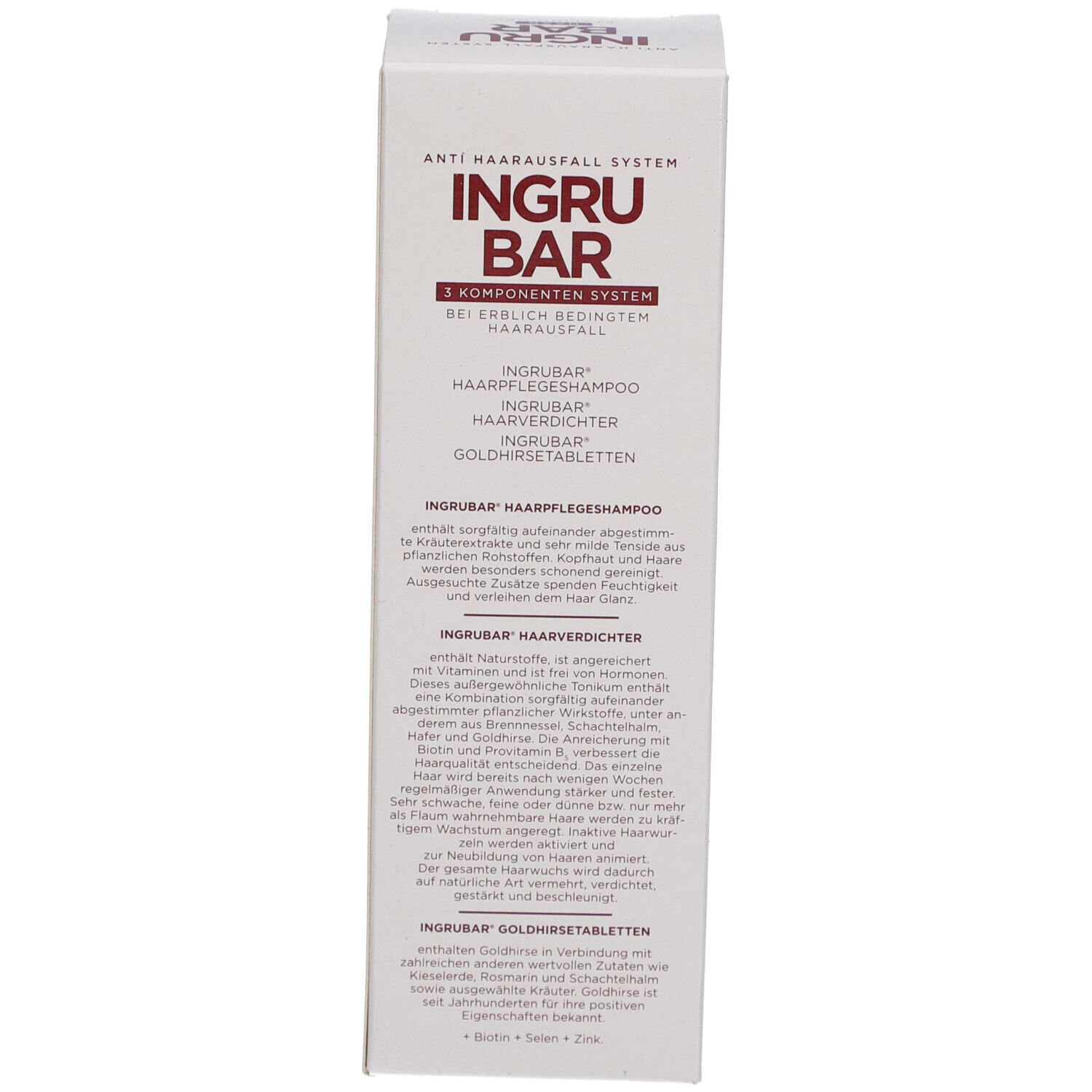 Boîte blanche avec logo et texte rouges. Texte avec informations sur le produit. Système anti-chute de cheveux. Système à 3 composants.