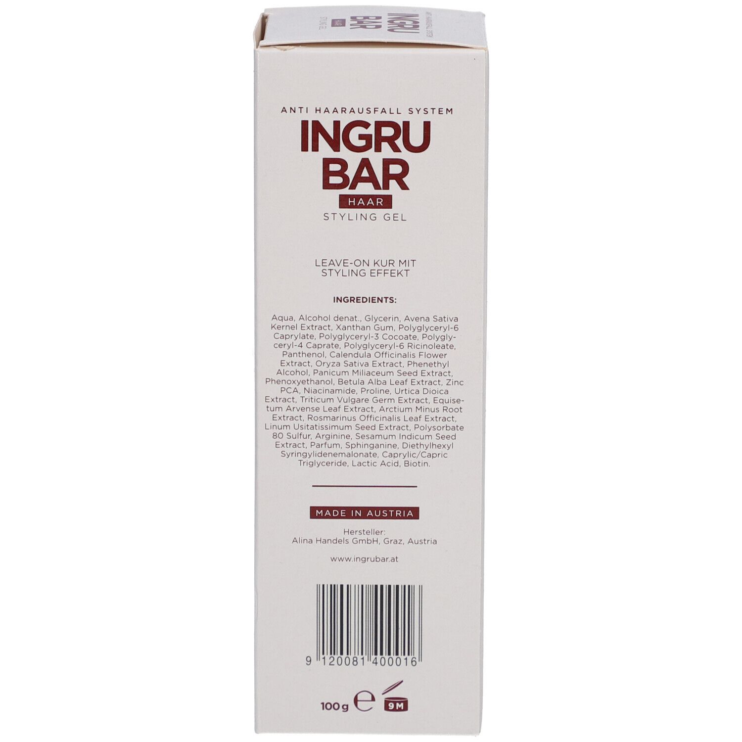 Boîte blanche avec logo et texte rouges. Texte avec ingrédients. Système anti-chute de cheveux. Fabriqué en Autriche.