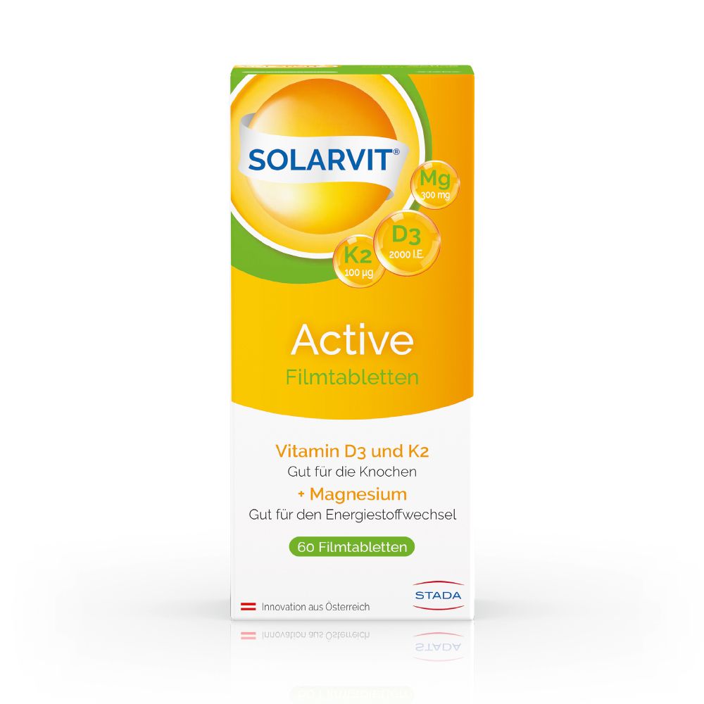 Boîte de Solarvit Active comprimés pelliculés. Contient de la vitamine D3, K2 et du magnésium. 60 comprimés.