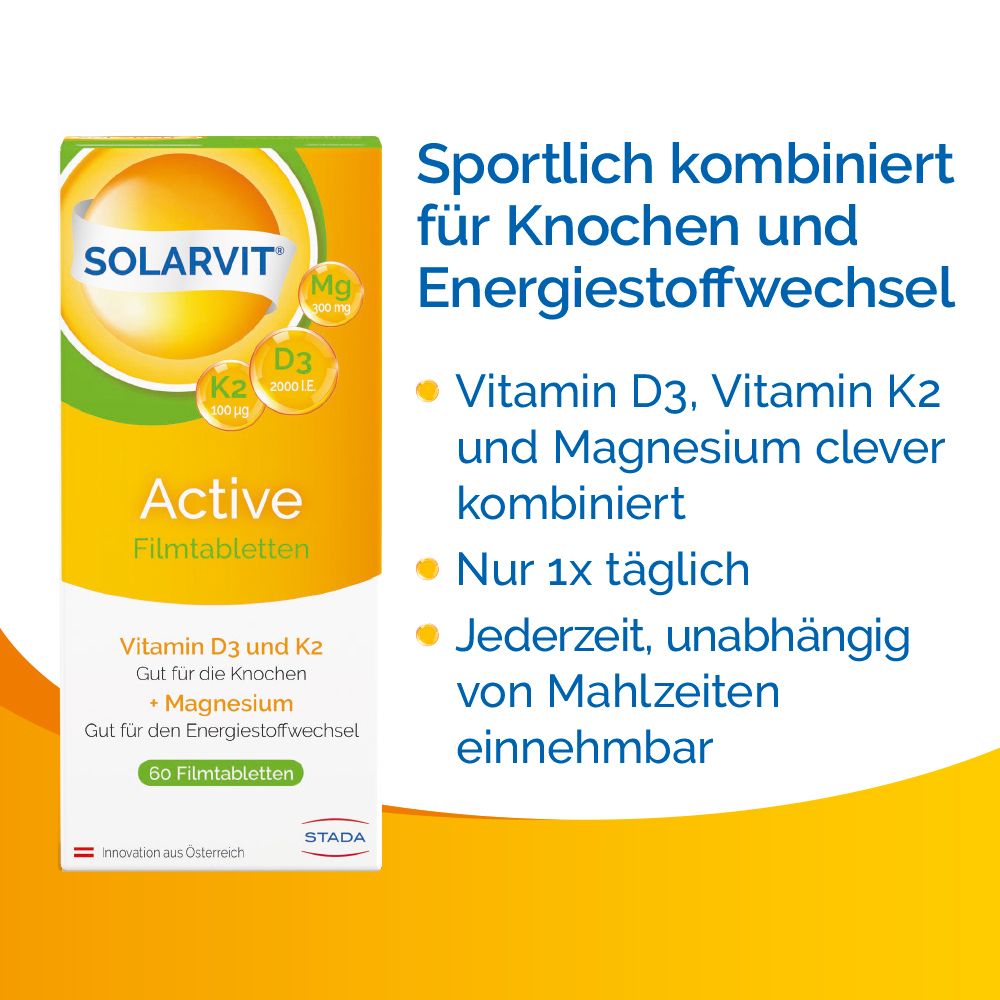 Boîte de Solarvit Active comprimés pelliculés. Contient de la vitamine D3, K2 et du magnésium. 50 comprimés.