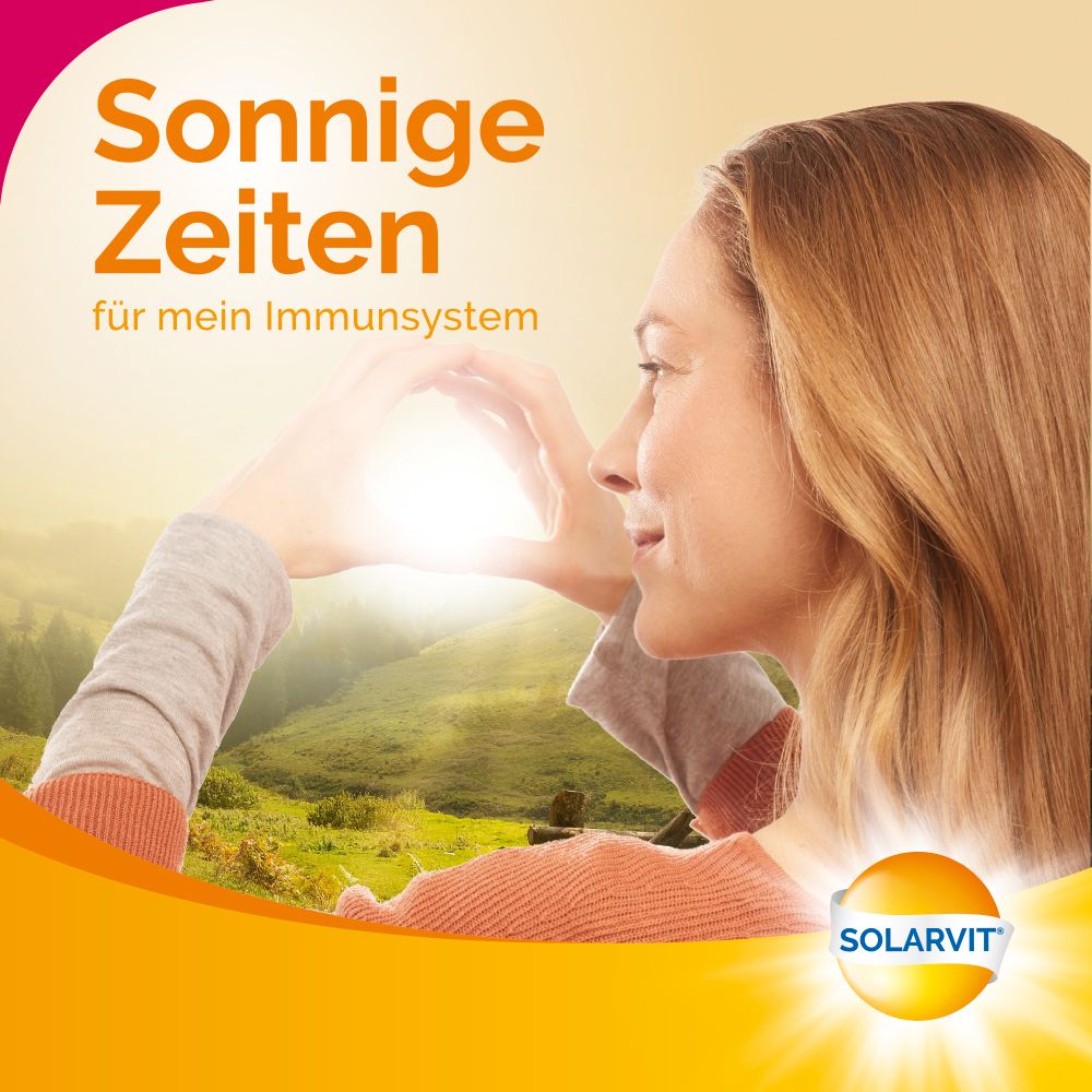 Femme formant un cœur avec ses mains, soleil en arrière-plan. Texte : Temps ensoleillé pour mon système immunitaire. Logo Solarvit.