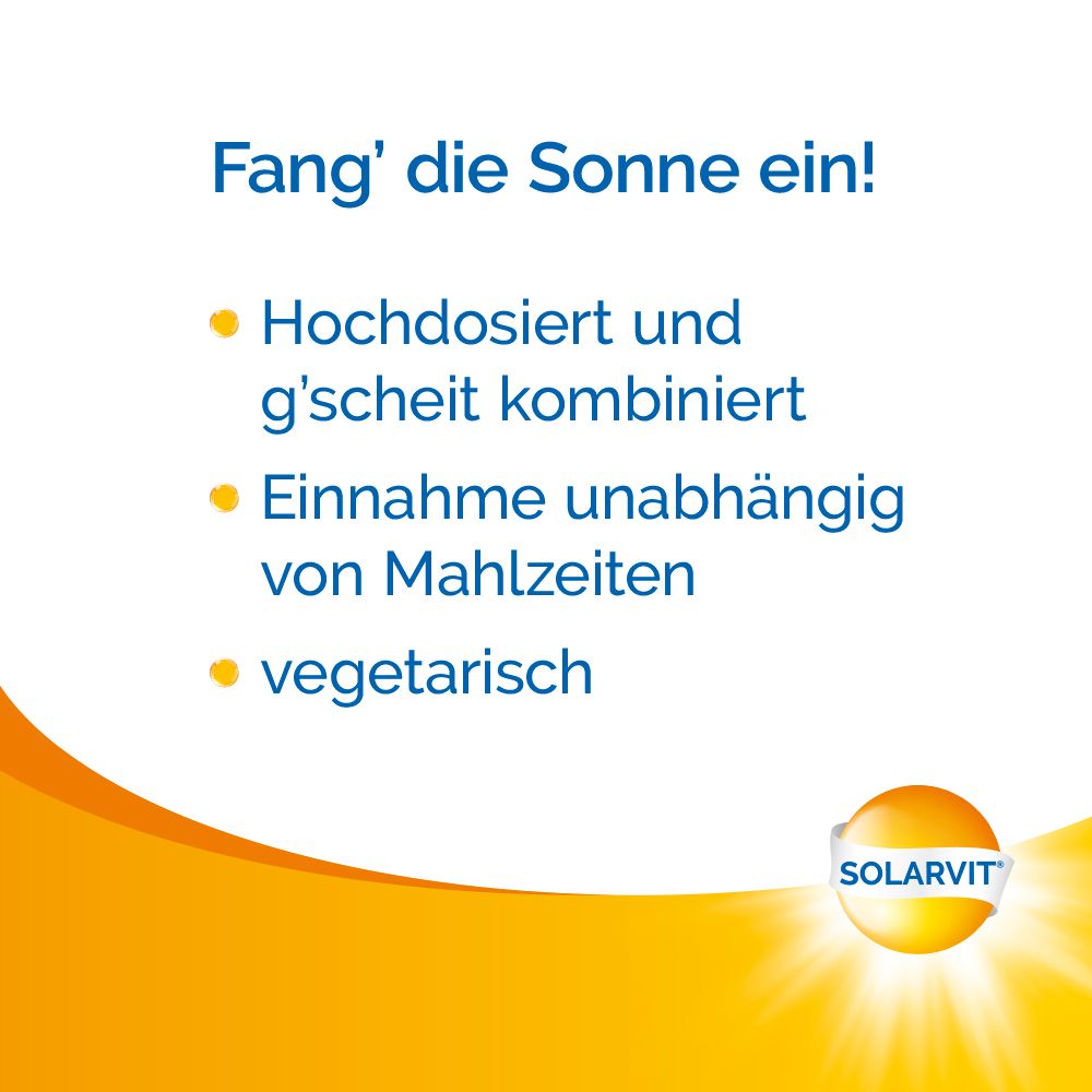 Texte : Attrapez le soleil ! Fortement dosé et combiné. Prise indépendante des repas. Végétarien. Logo Solarvit.