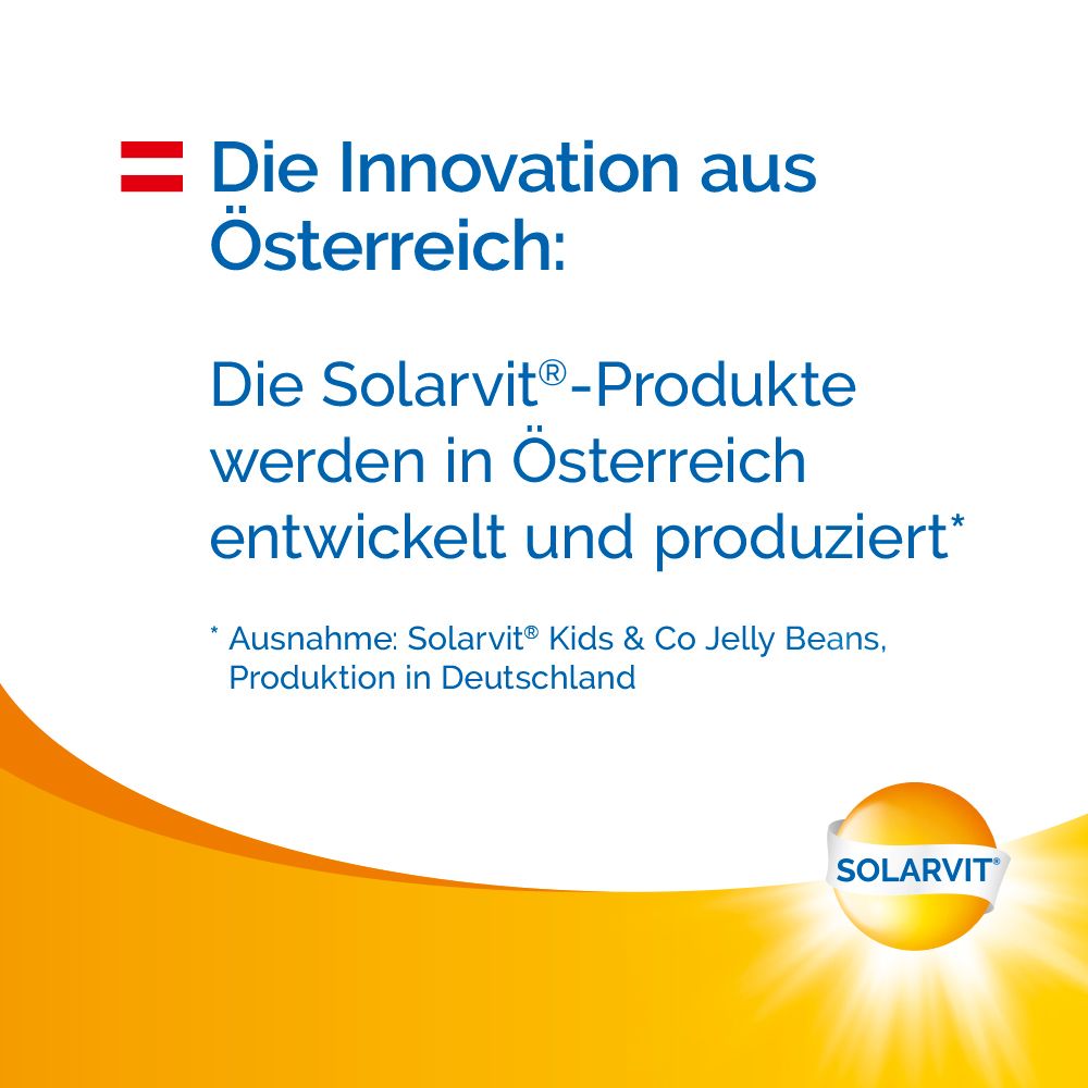 Texte : L'innovation autrichienne : les produits Solarvit sont développés et fabriqués en Autriche. Logo Solarvit.