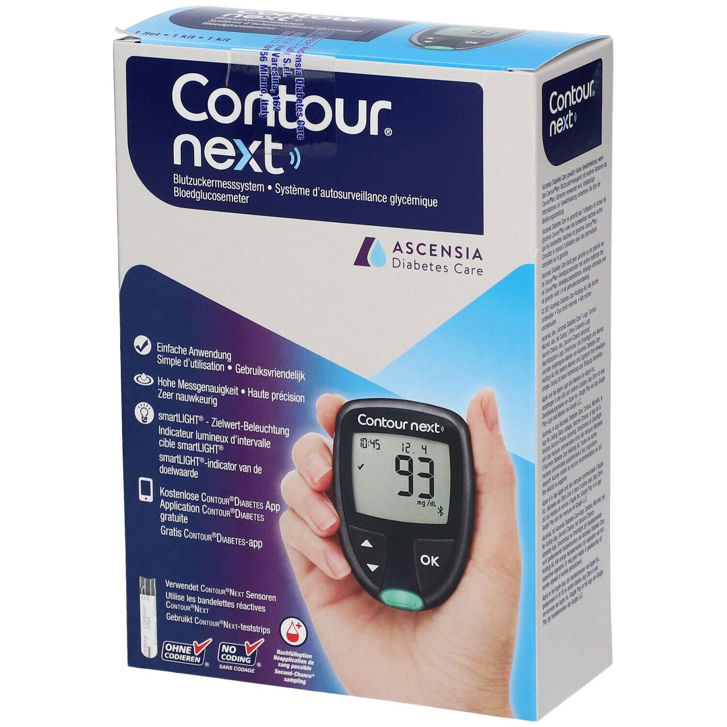 Boîte de Contour next, système d'autosurveillance glycémique. Appareil avec écran, affichant 93 mg/dL. Ascensia Diabetes Care.