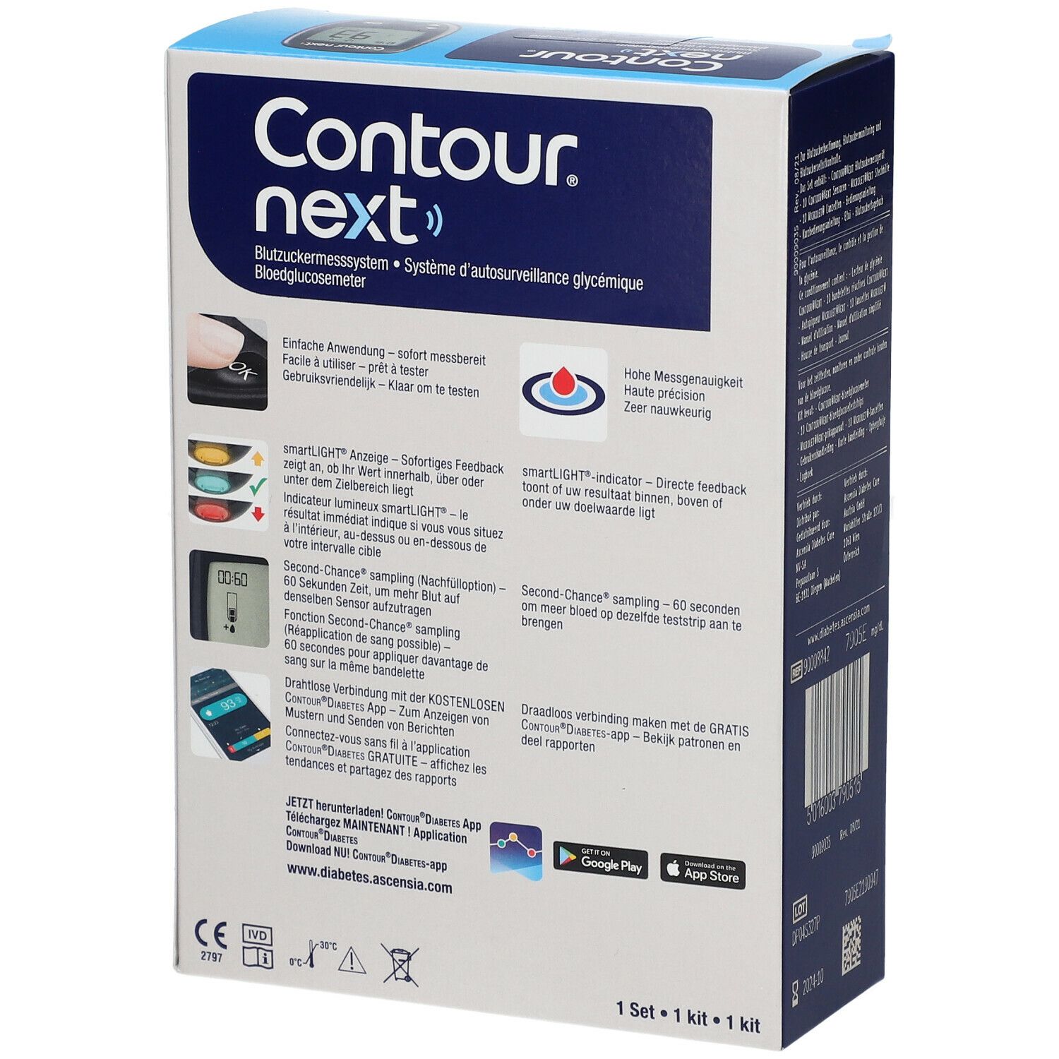 Dos de la boîte Contour next. Contient des informations sur le produit, des illustrations et des informations sur l'application.