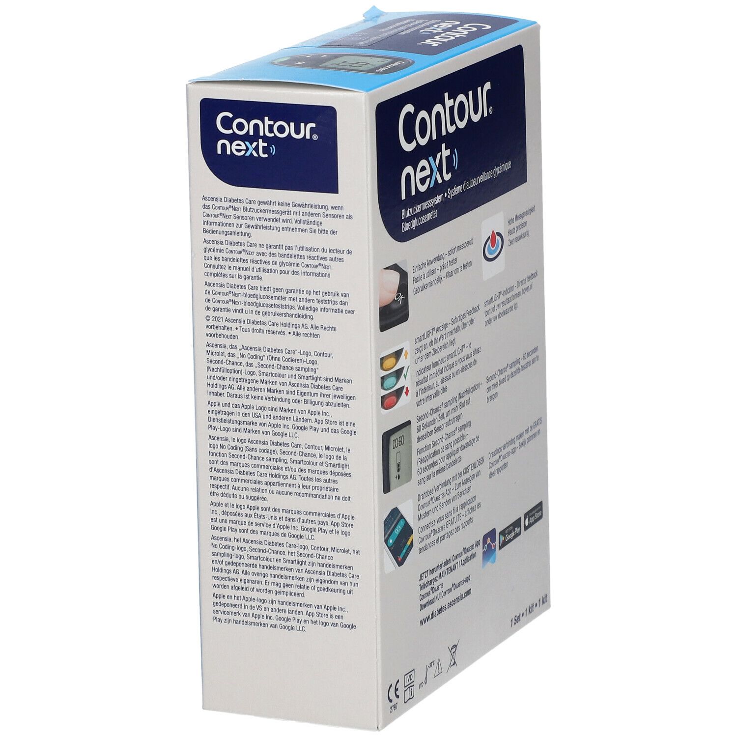 Vue latérale de la boîte Contour next. Contient des informations et des détails sur l'application. Ascensia Diabetes Care.