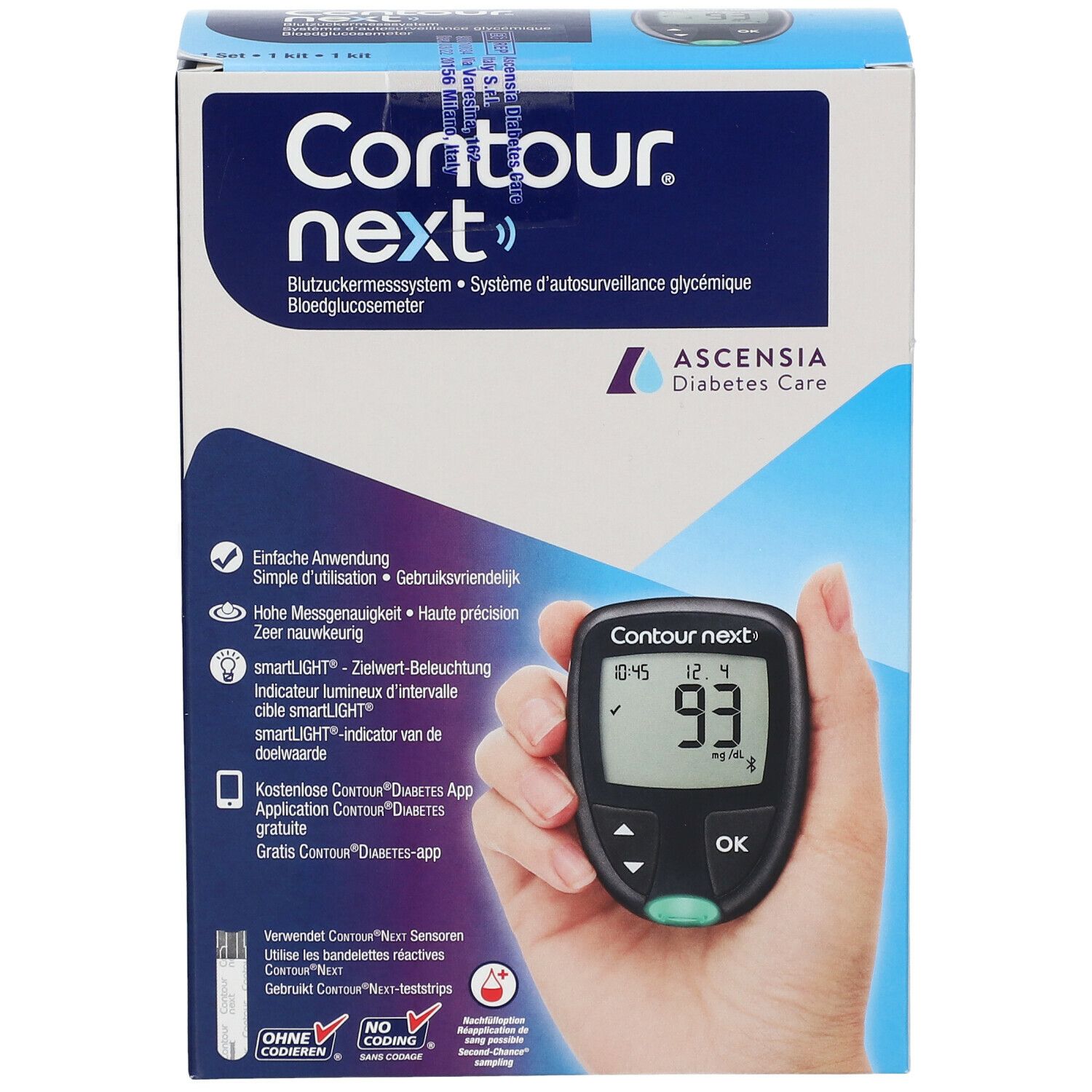 Boîte Contour next, vue de face. Glucomètre avec écran, affichant 93 mg/dL. Ascensia Diabetes Care.
