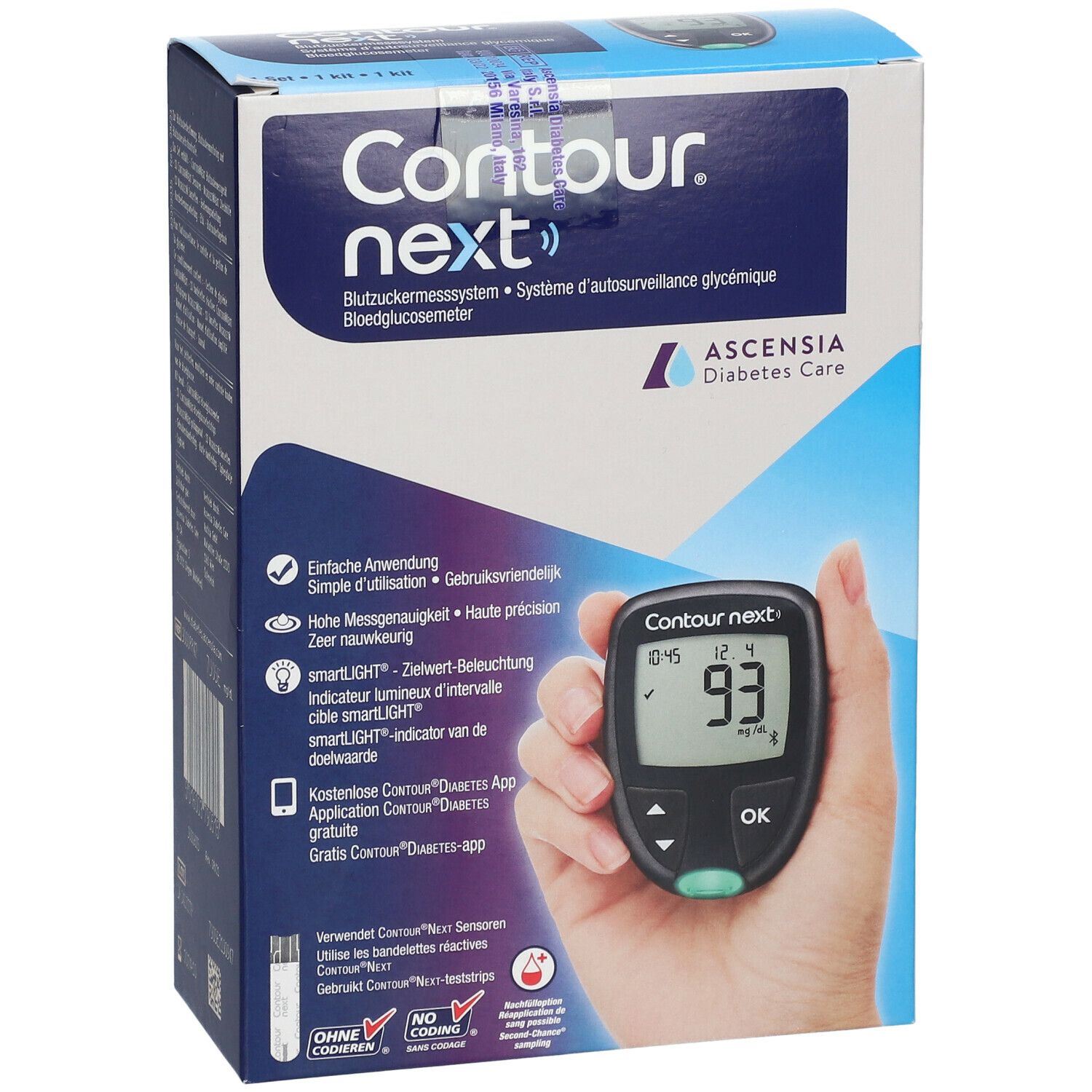 Boîte Contour next, vue de face. Glucomètre avec écran, affichant 93 mg/dL. Ascensia Diabetes Care.