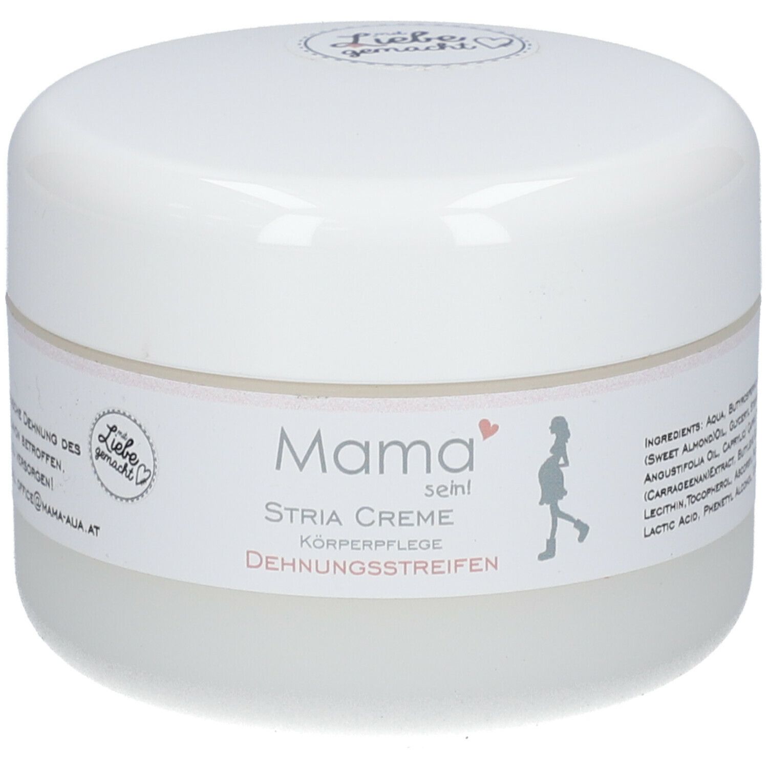 Pot blanc de crème Mama sein Stria. Inscription: Stria Creme, Körperpflege, Dehnungsstreifen. Logo: femme enceinte.