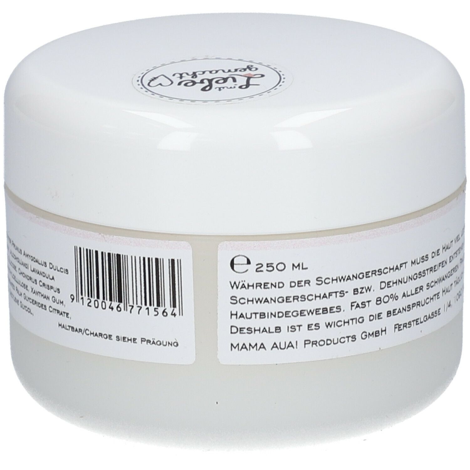 Pot blanc de crème Mama sein Stria. Inscription: Mama sein, Stria Creme, Dehnungsstreifen. Code-barres et texte.