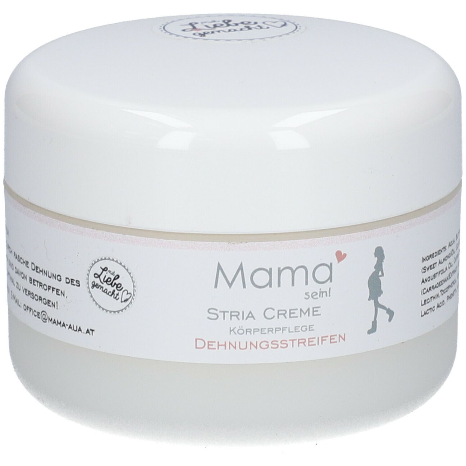 Pot blanc de crème Mama sein Stria. Inscription: Mama sein, Stria Creme, Körperpflege, Dehnungsstreifen. Logo.