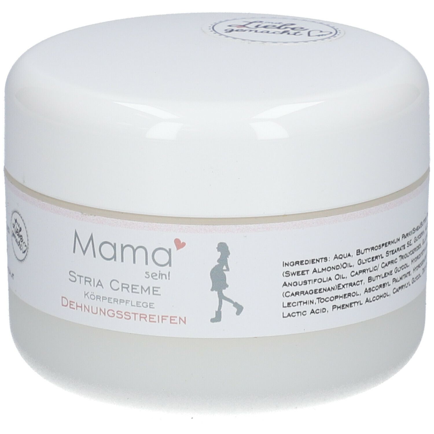 Pot blanc de crème Mama sein Stria. Inscription: Mama sein, Stria Creme, Körperpflege, Dehnungsstreifen. Liste des ingrédients.