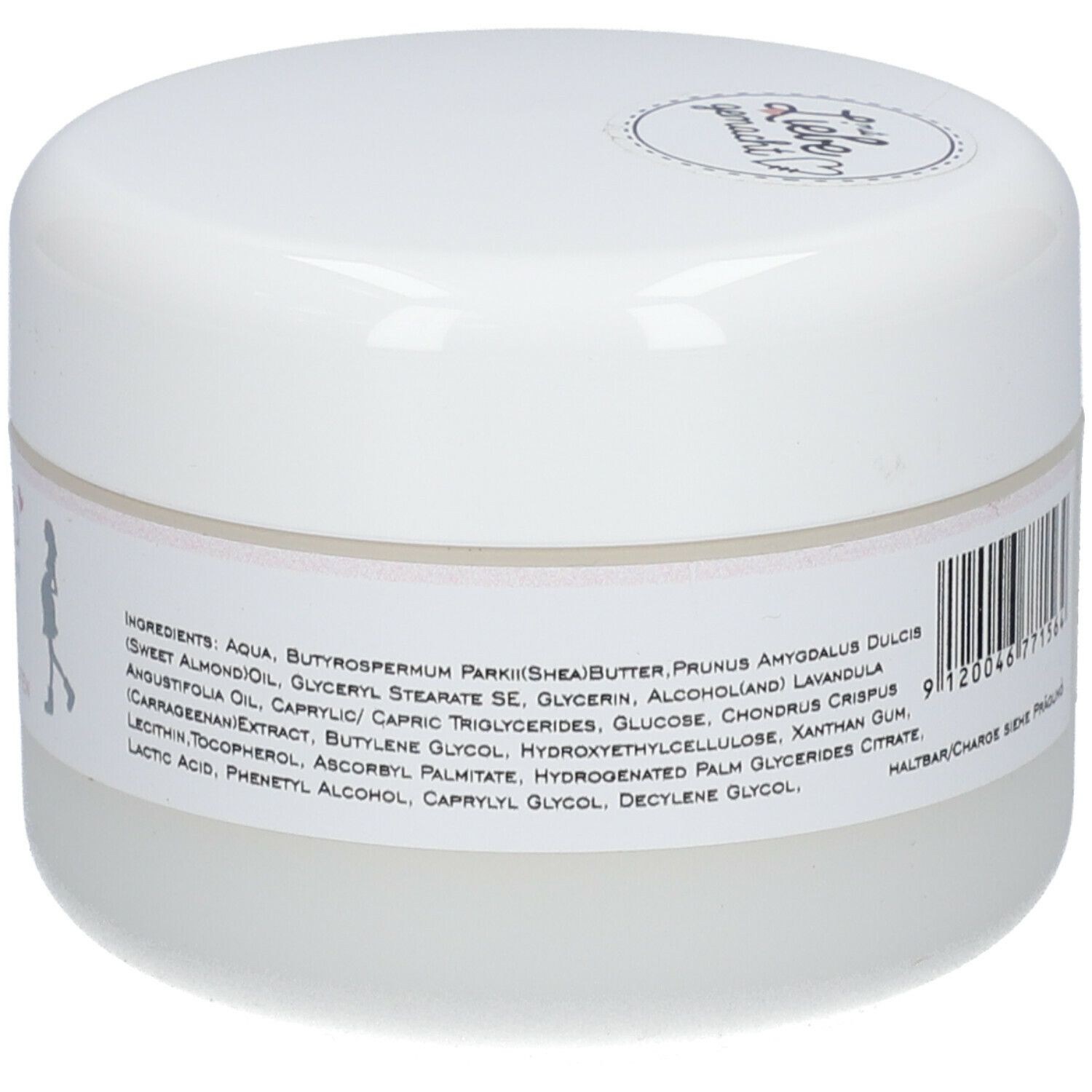 Pot blanc de crème Mama sein Stria. Inscription: Mama sein, Stria Creme, Körperpflege, Dehnungsstreifen. Ingrédients et code-barres.