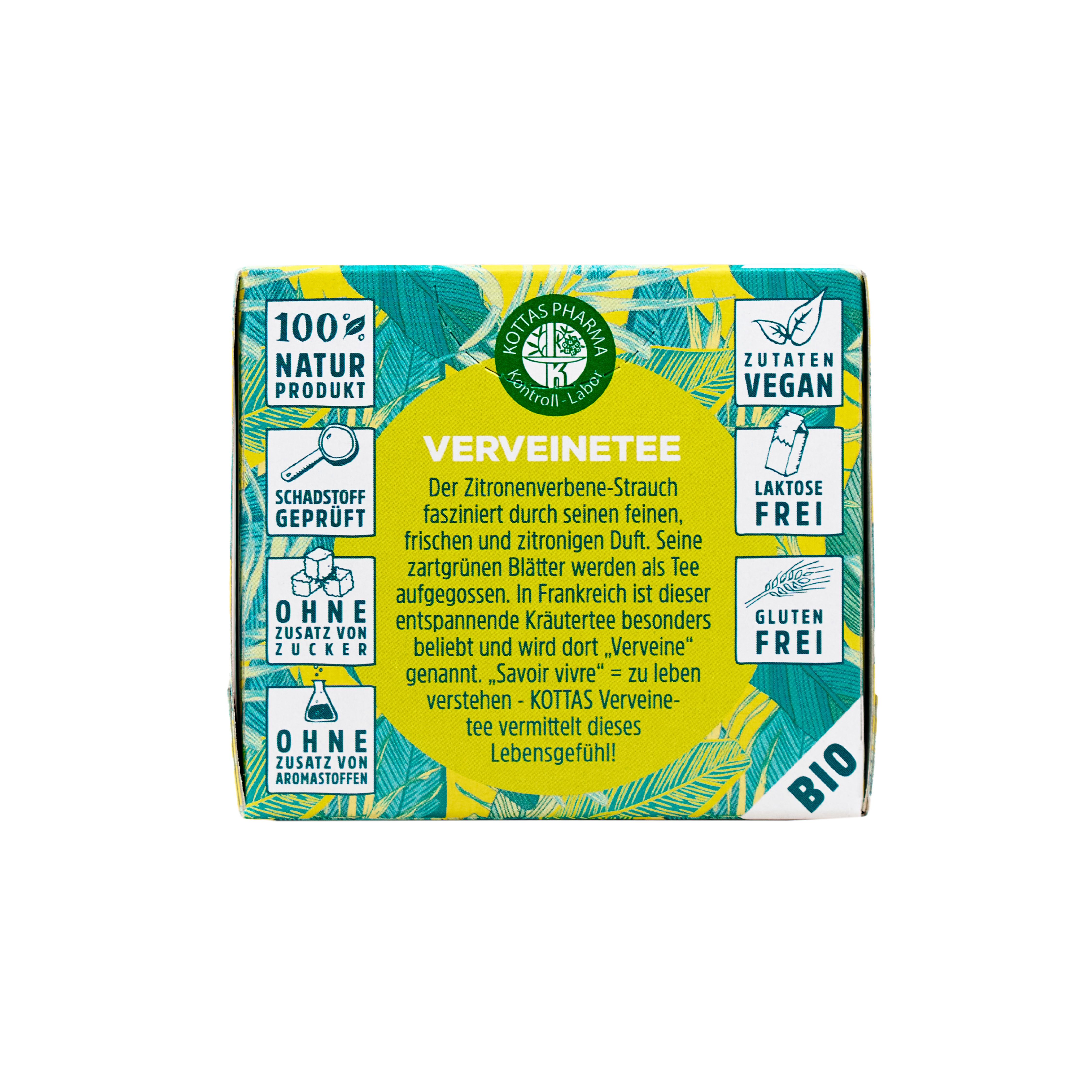 Verpackung "Verveinetee" (Zitronenverbene) mit Siegeln: 100% Natur, schadstoffgeprüft, ohne Zuckerzusatz, ohne Aromastoffe, vegan, laktosefrei, glutenfrei, Bio.