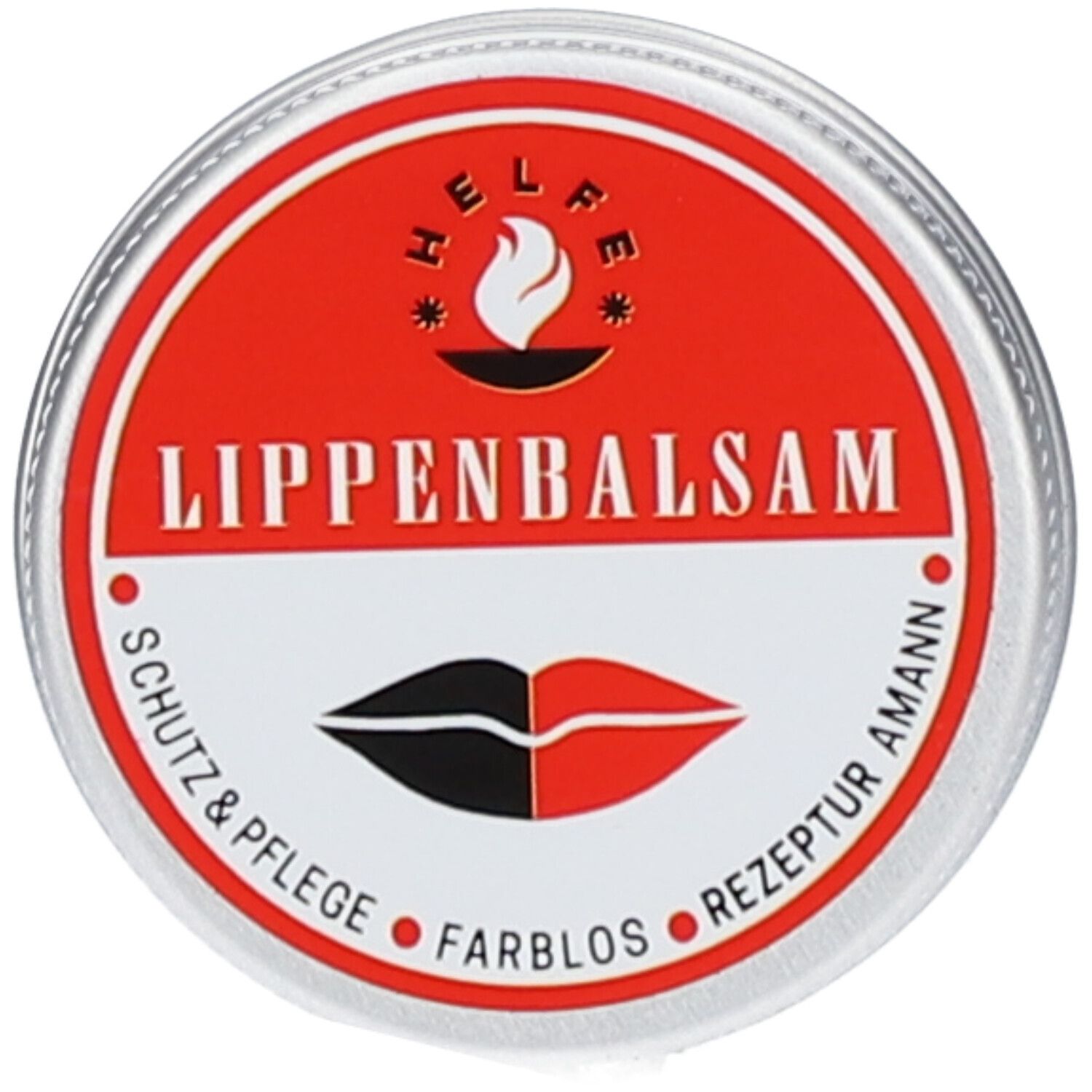 Boîte ronde avec couvercle rouge. HELFE en haut, LIPENBALSAM en dessous. Symbole de lèvres, SCHUTZ & PFLEGE, FARBLOS, REZEPTUR AMANN.