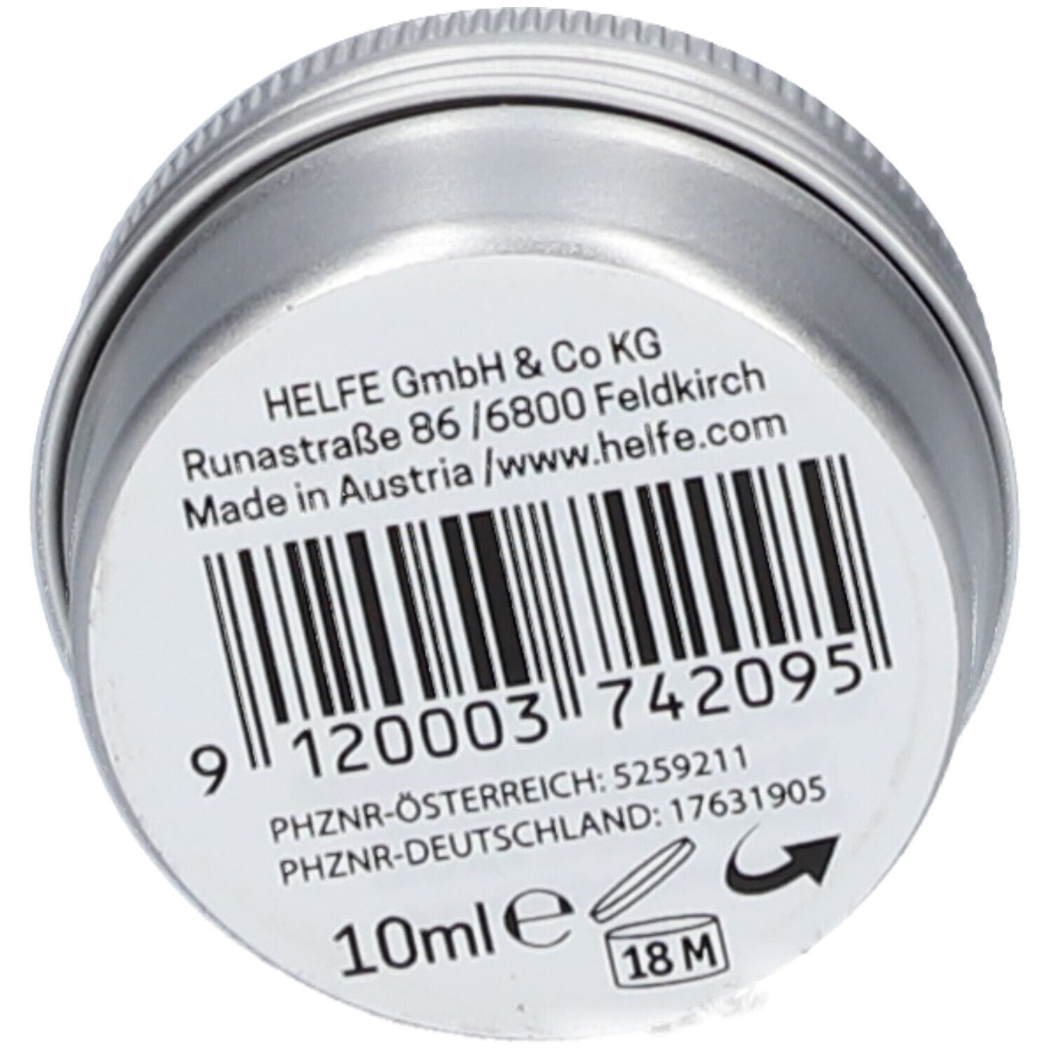 Boîte argentée avec code-barres et texte. HELFE GmbH & Co KG, Runastraße 86, Fabriqué en Autriche. 10ml, symbole 18M.