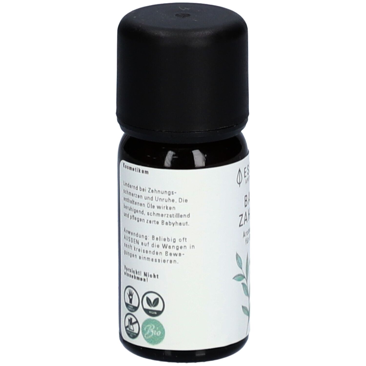 Flacon en verre brun avec bouchon noir. Étiquette avec informations sur le produit et logos. Huile dentaire pour bébé.