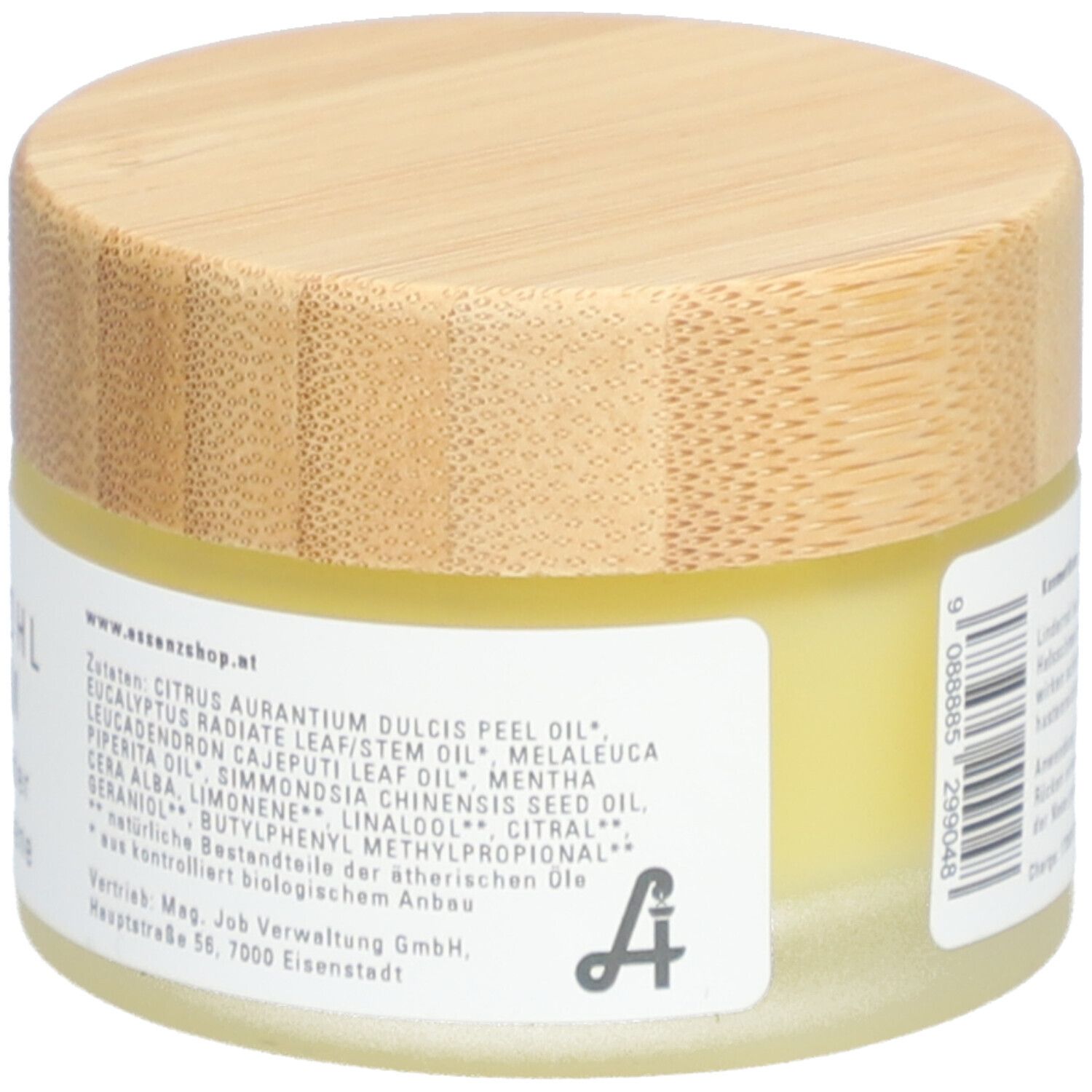 Rückseite des Creme-Tiegels mit Holzdeckel. Zutatenliste. Text: www.essenzshop.at. Anschrift des Herstellers.