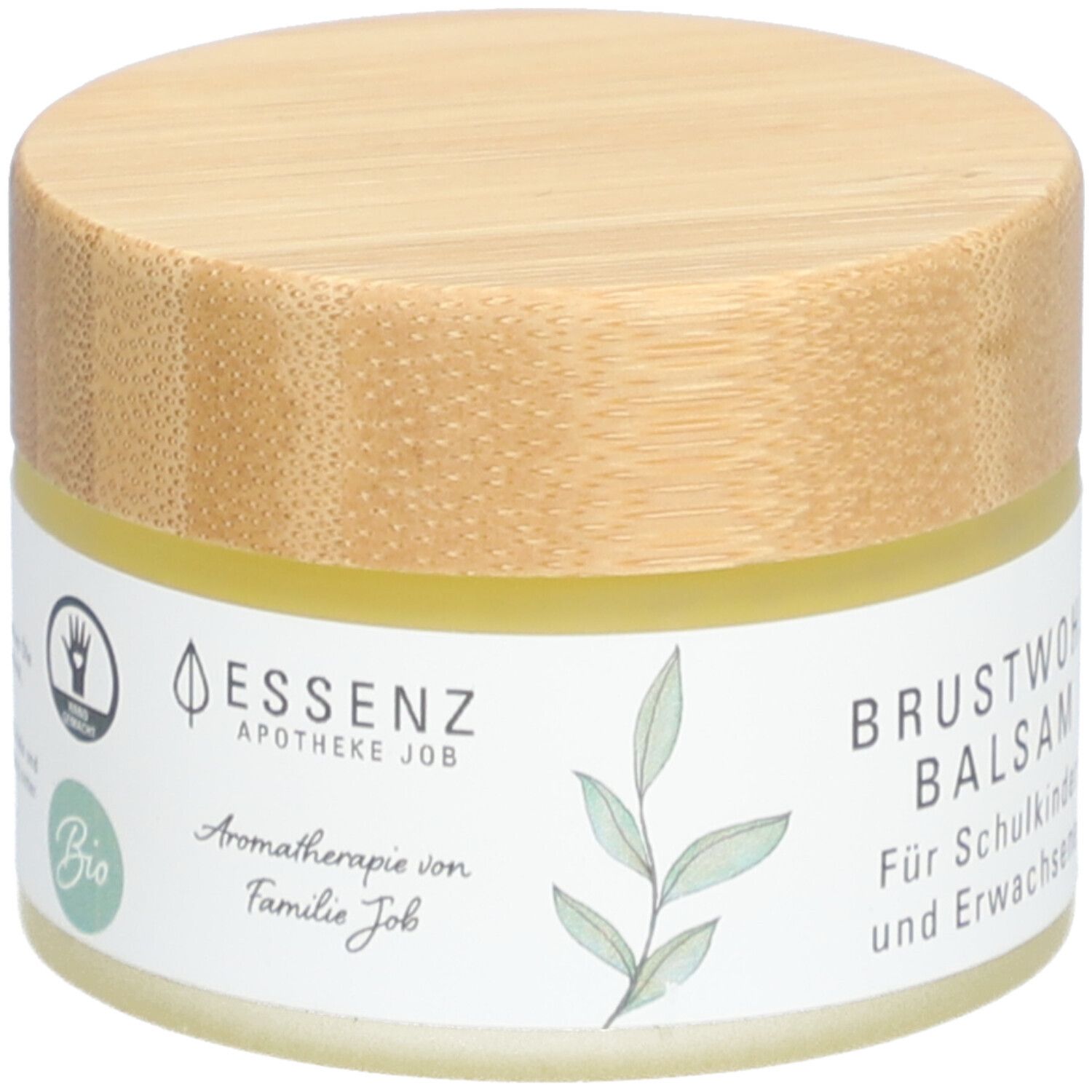 Creme-Tiegel mit Holzdeckel. Aufschrift: BRUSTWOHL BALSAM. Für Schulkinder und Erwachsene. ESSENZ, Apotheke Job, Bio.