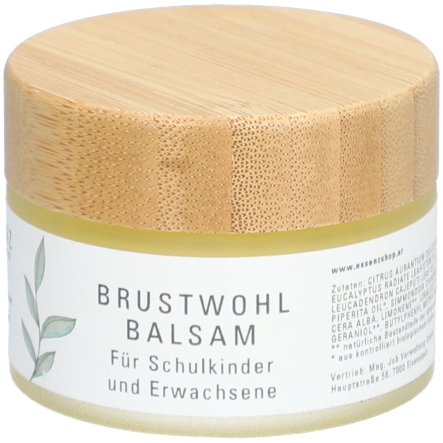Creme-Tiegel mit Holzdeckel. Aufschrift: BRUSTWOHL BALSAM. Für Schulkinder und Erwachsene. Zutatenliste.