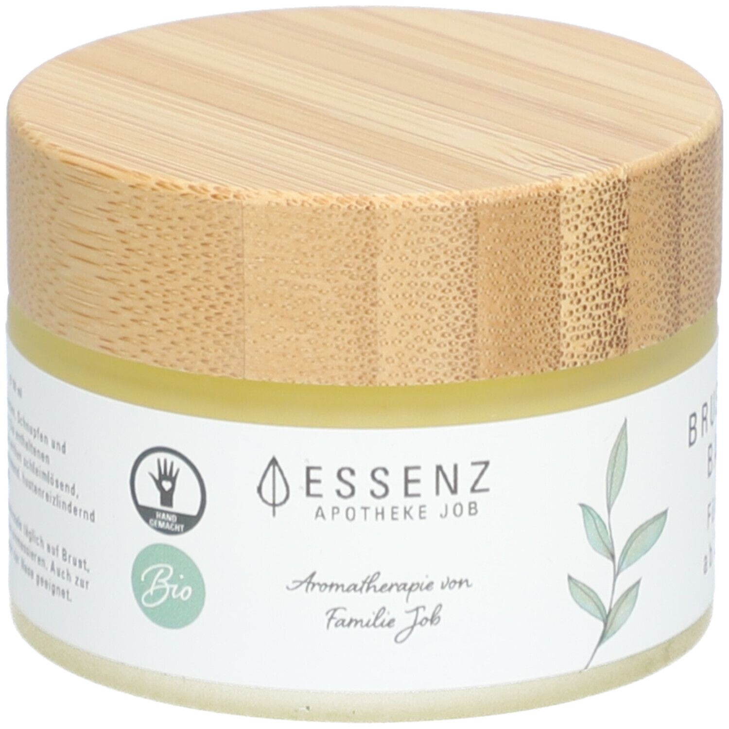 Pot de crème avec couvercle en bois. Inscription : ESSENZ, Apotheke Job, Bio. Sceau fait main. Aromathérapie de Familie Job.