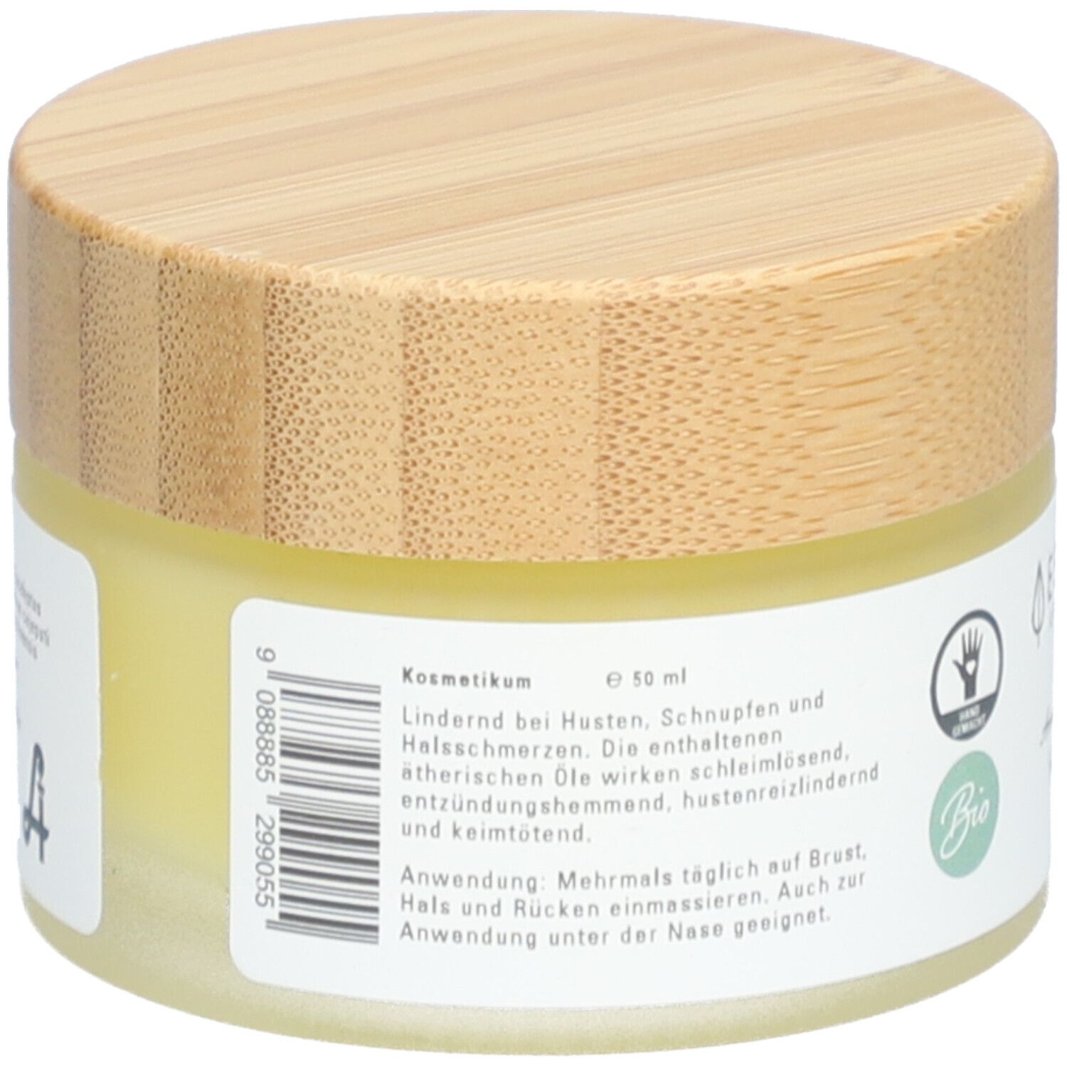 Pot de crème avec couvercle en bois. Inscription : Kosmetikum, 50 ml. Texte d'application. Sceau Bio. Sceau fait main. Code-barres.