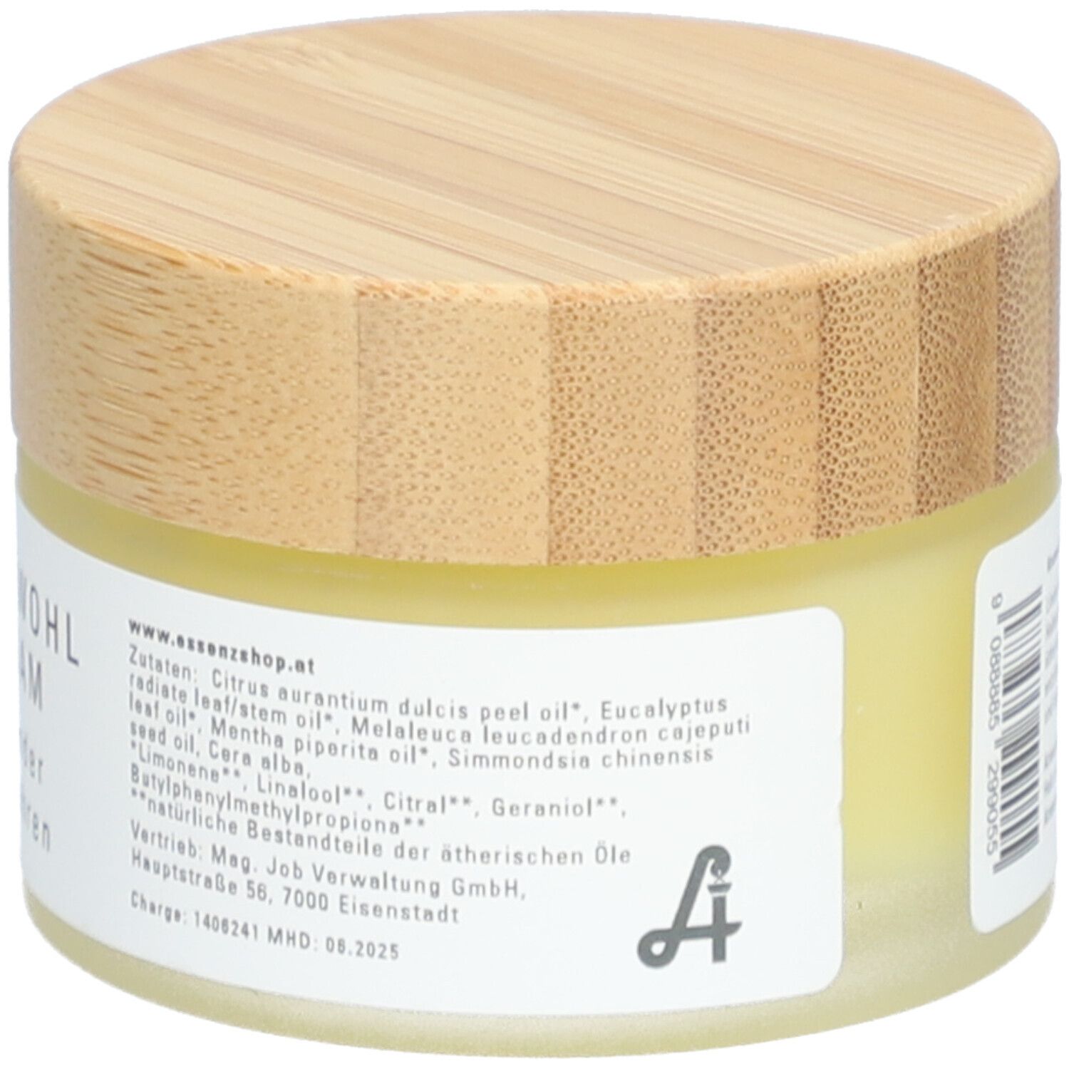 Pot de crème avec couvercle en bois. Inscription : Liste des ingrédients, www.essenzshop.at. Logo. Texte. Numéro de lot et DDM.