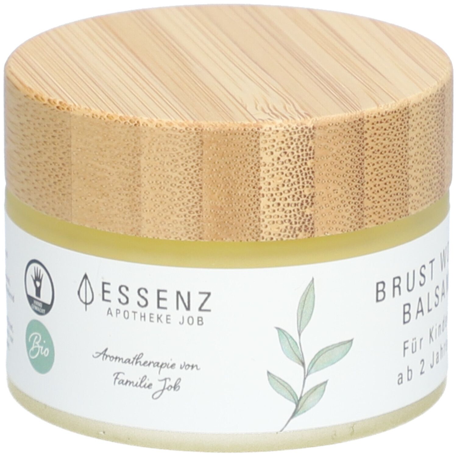 Pot de crème avec couvercle en bois. Inscription : Brust Wohl Balsam, Pour enfants à partir de 2 ans. ESSENZ, Apotheke Job, Bio.