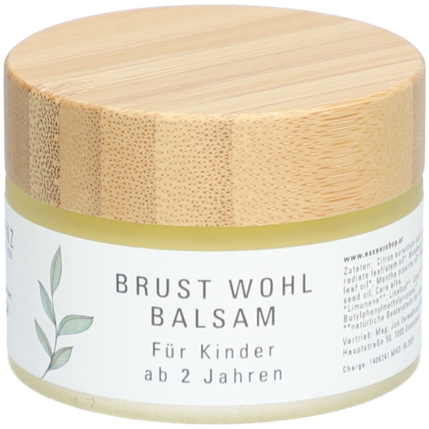 Pot de crème avec couvercle en bois. Inscription : Brust Wohl Balsam, Pour enfants à partir de 2 ans. Liste des ingrédients, www.essenzshop.at.