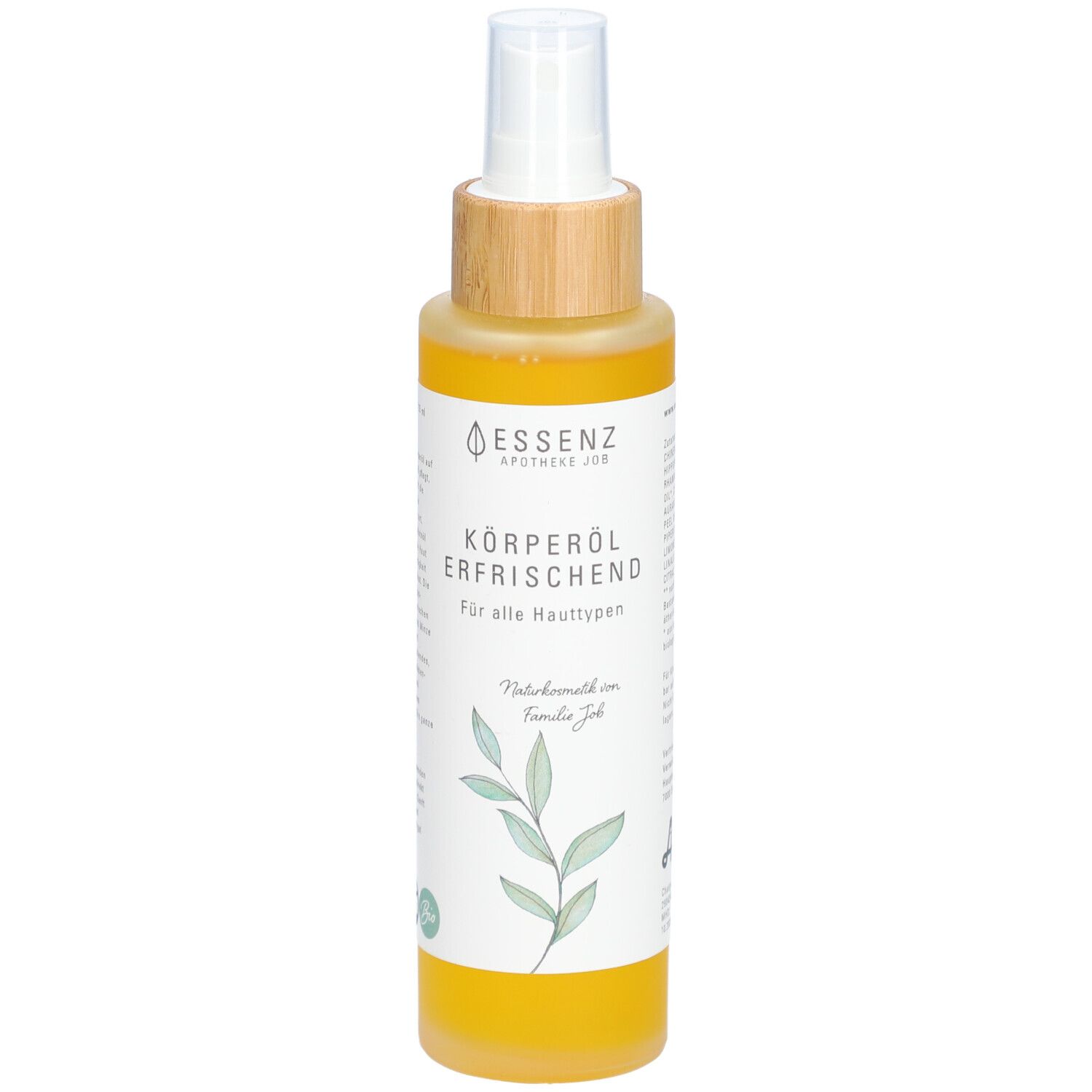 Körperöl-Flasche mit Sprühkopf. Etikett mit Produktnamen, Logo und floralem Design. Gelbe Flüssigkeit sichtbar.