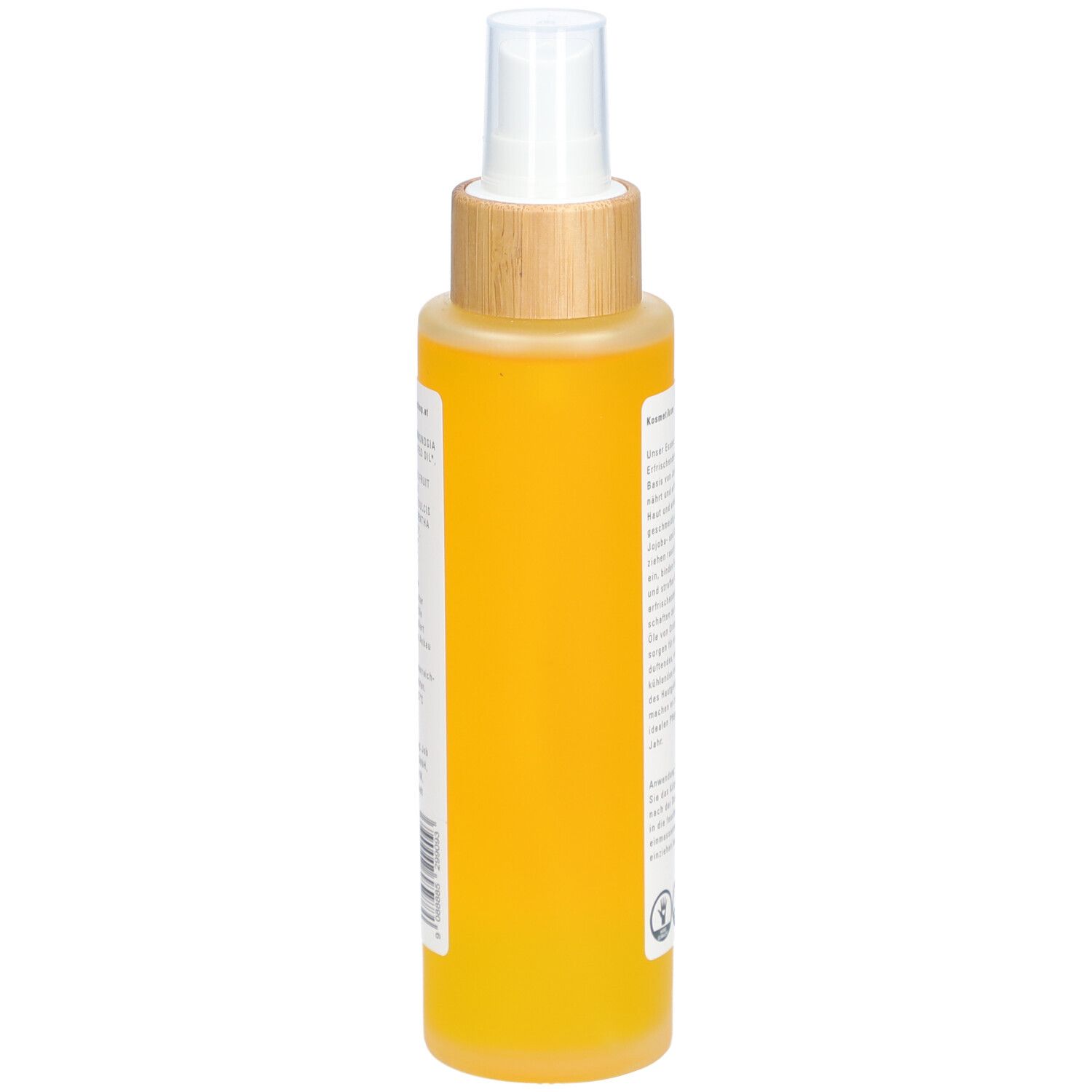 Körperöl-Flasche, Seitenansicht. Gelbe Flüssigkeit im Inneren. Etikett mit Text. Sprühkopf aus Holzimitat.