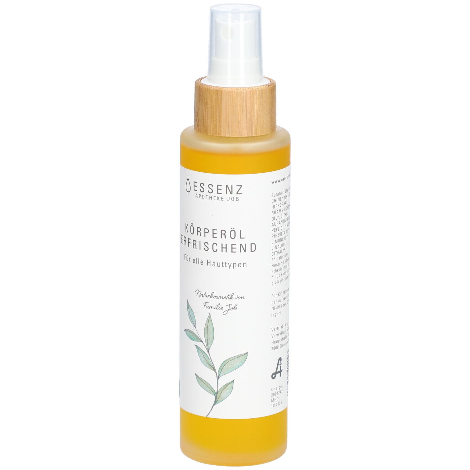 Körperöl-Flasche mit Sprühkopf. Etikett mit Produktnamen, Logo und floralem Design. Gelbe Flüssigkeit sichtbar.