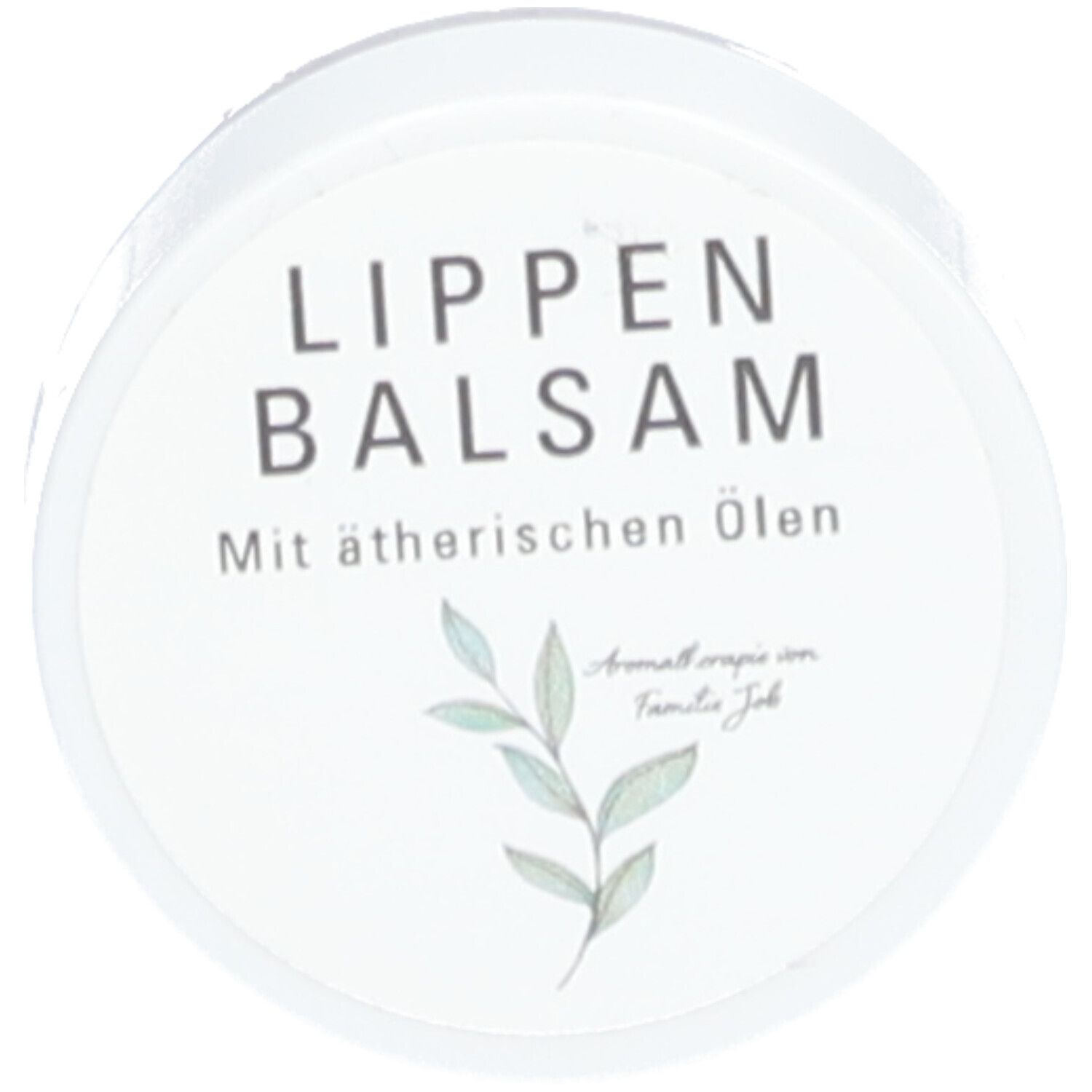 Pot de baume à lèvres avec inscription. Couvercle avec nom du produit et « Mit ätherischen Ölen ». Illustration d'une branche.