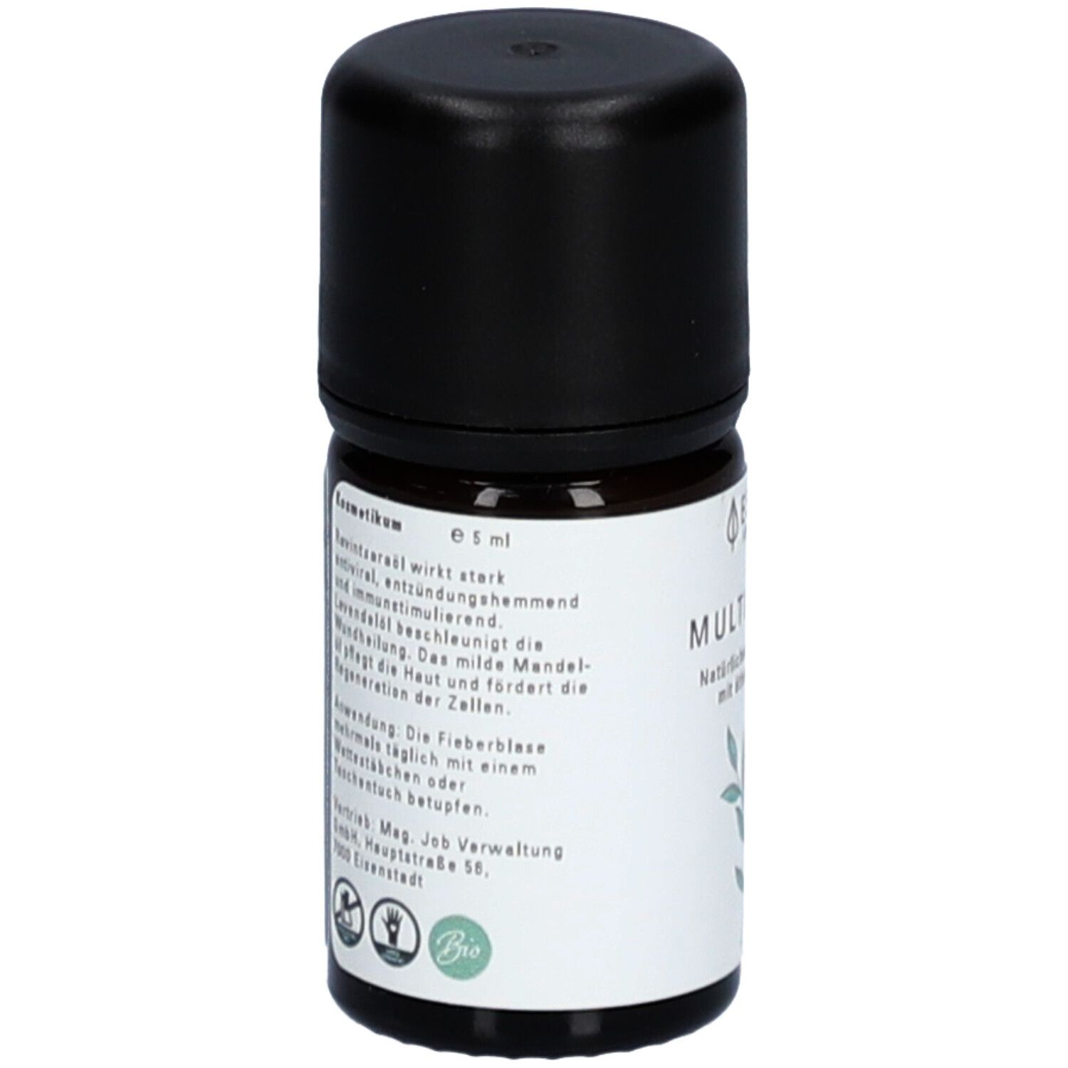 Flacon en verre brun avec bouchon noir. Texte sur l'étiquette : 5 ml. Instructions d'utilisation. Certification bio.
