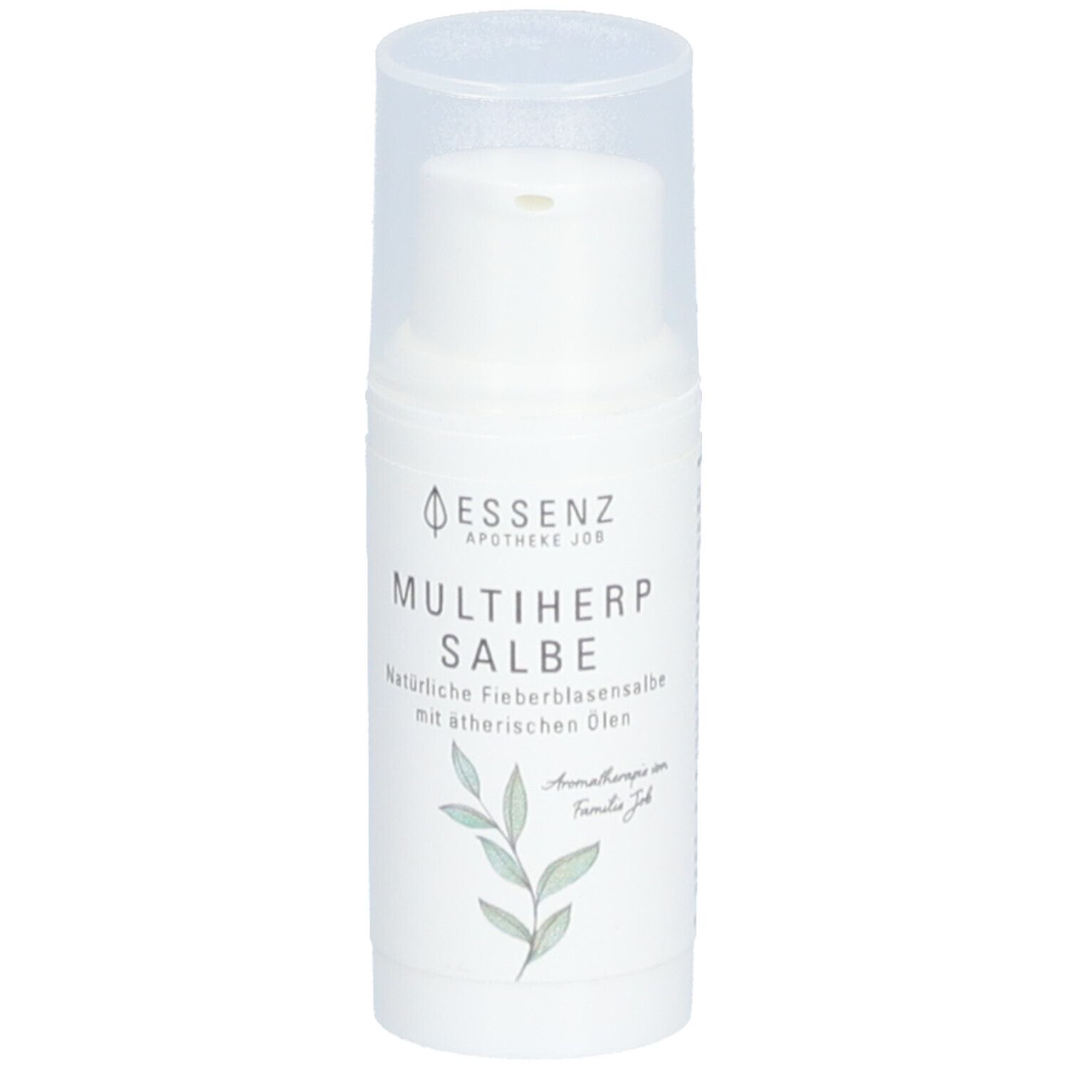 Tube blanche avec couvercle. Inscription: Essenz Apotheke Job Multiherp Salbe. Avec huiles essentielles. Design végétal.