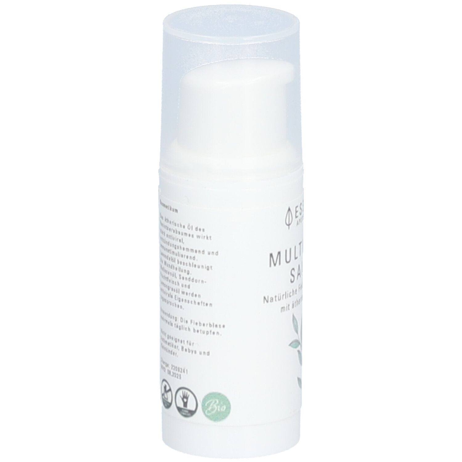 Tube blanc avec couvercle. Texte au dos. Label bio. Informations sur le produit.