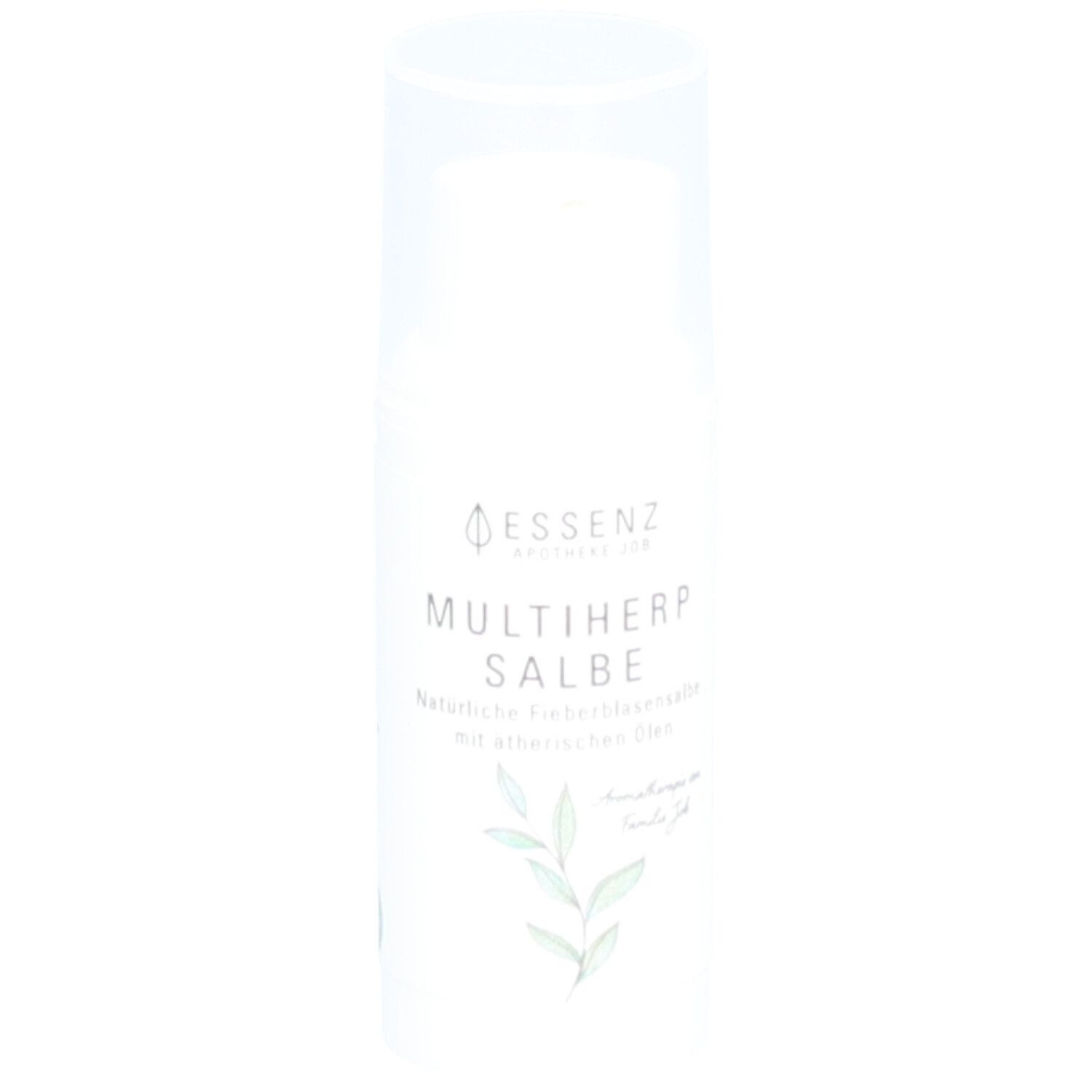 Tube blanc avec couvercle. Inscription: Essenz Apotheke Job Multiherp Salbe. Avec huiles essentielles. Design végétal.
