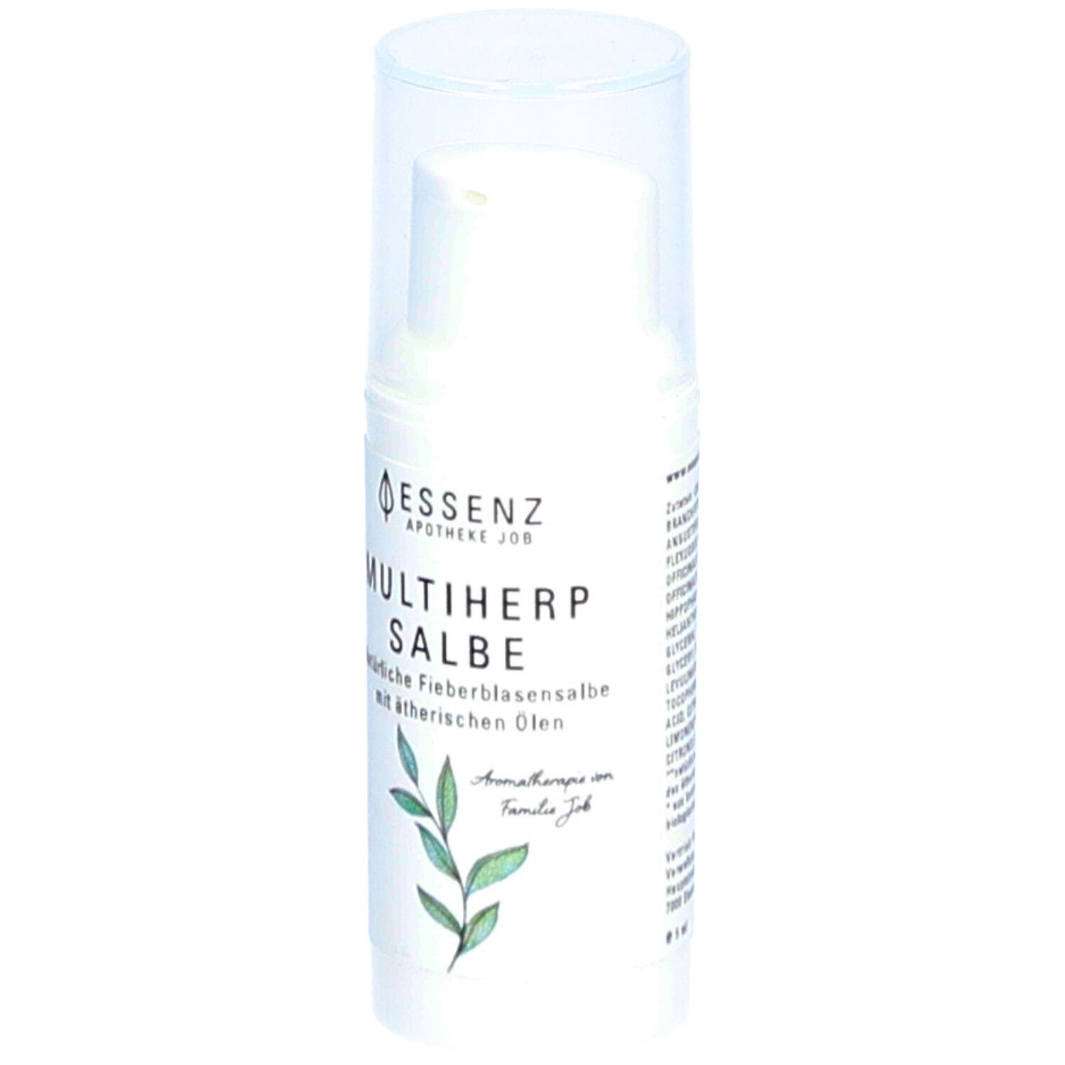 Tube blanc avec couvercle. Inscription: Essenz Apotheke Job Multiherp Salbe. Avec huiles essentielles. Design végétal.