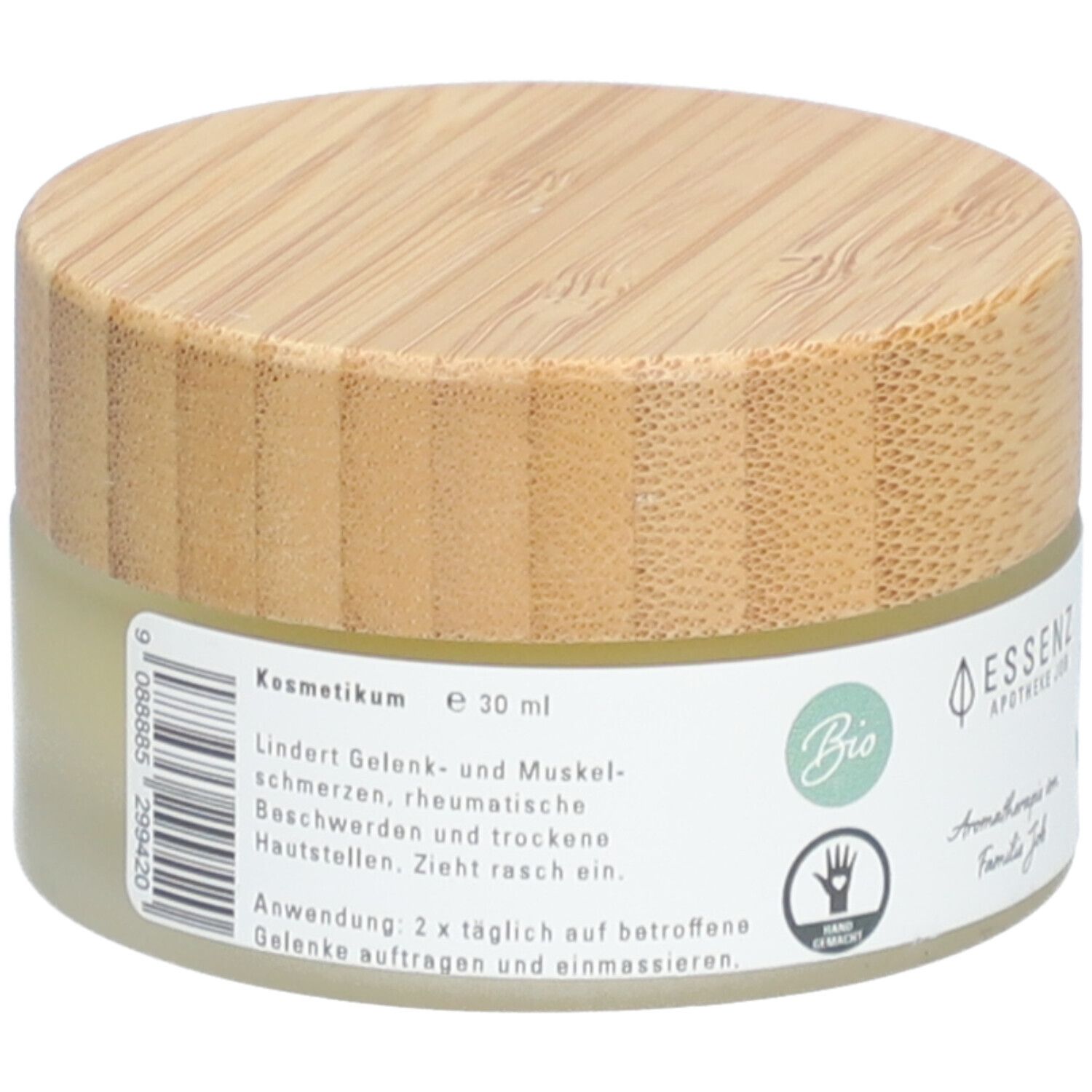 Runde Dose mit Holzdeckel. Auf dem Etikett steht "Essenz Weihrauch Gelenk Salbe". Text: "Lindert Gelenk- und Muskelschmerzen".