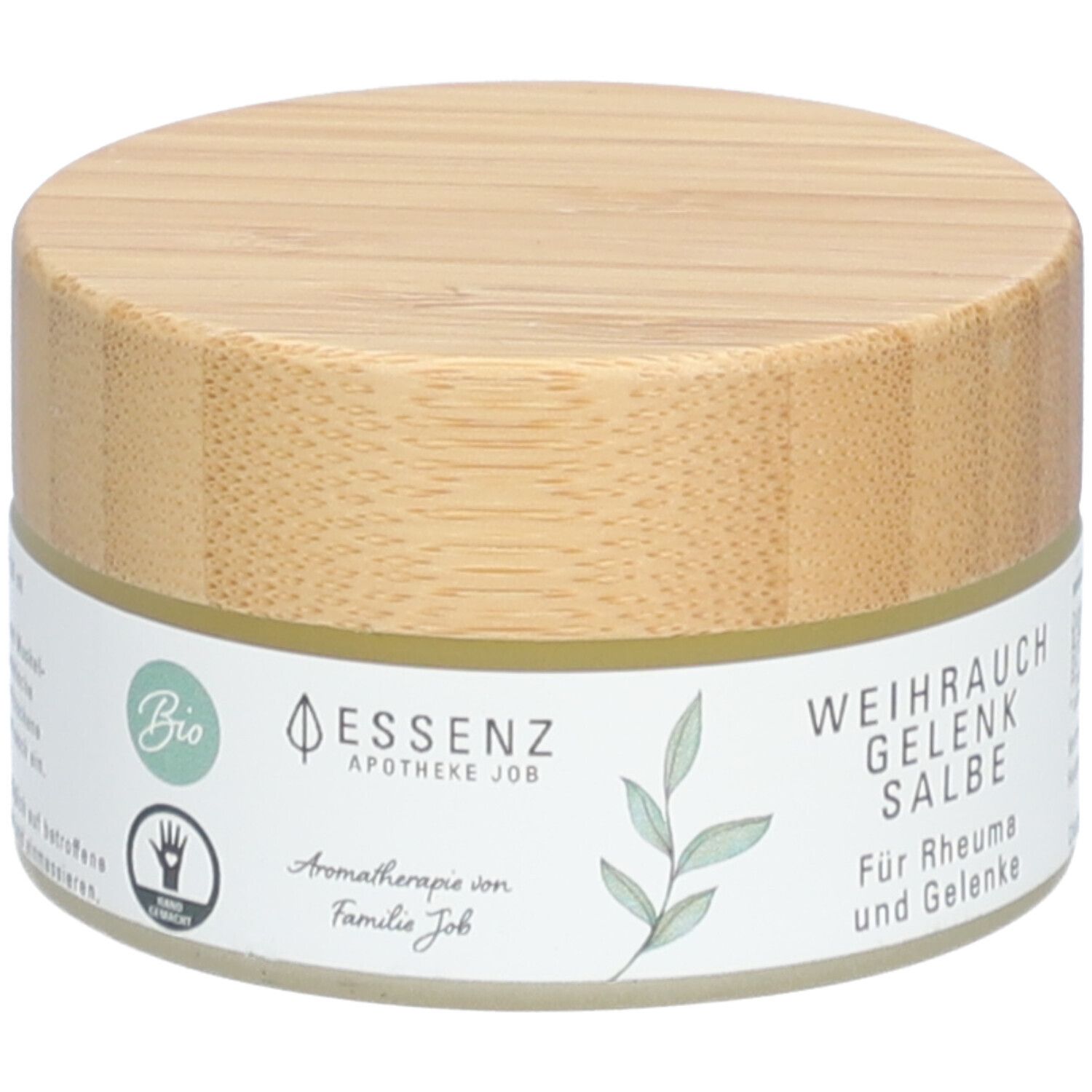 Runde Dose mit Holzdeckel. Auf dem Etikett steht "Essenz Weihrauch Gelenk Salbe". Bio-Siegel und Hand-Symbol.