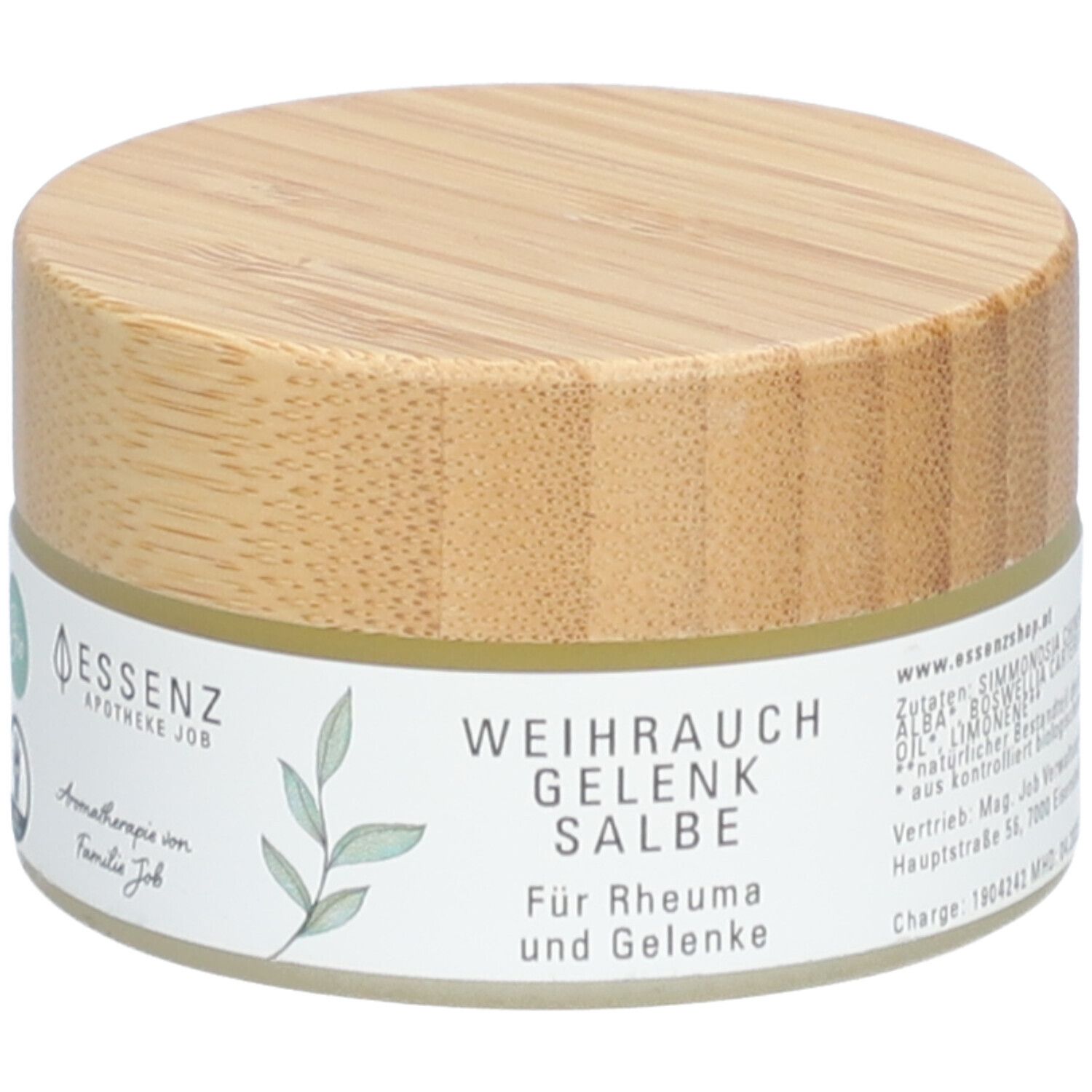 Runde Dose mit Holzdeckel. Auf dem Etikett steht "Essenz Weihrauch Gelenk Salbe". Bio-Siegel und Text: "Für Rheuma und Gelenke".