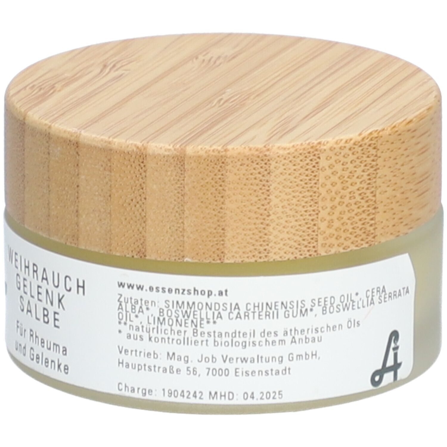 Runde Dose mit Holzdeckel. Auf dem Etikett steht "Essenz Weihrauch Gelenk Salbe". Rückseite mit Inhaltsstoffen und Herstellerinformationen.