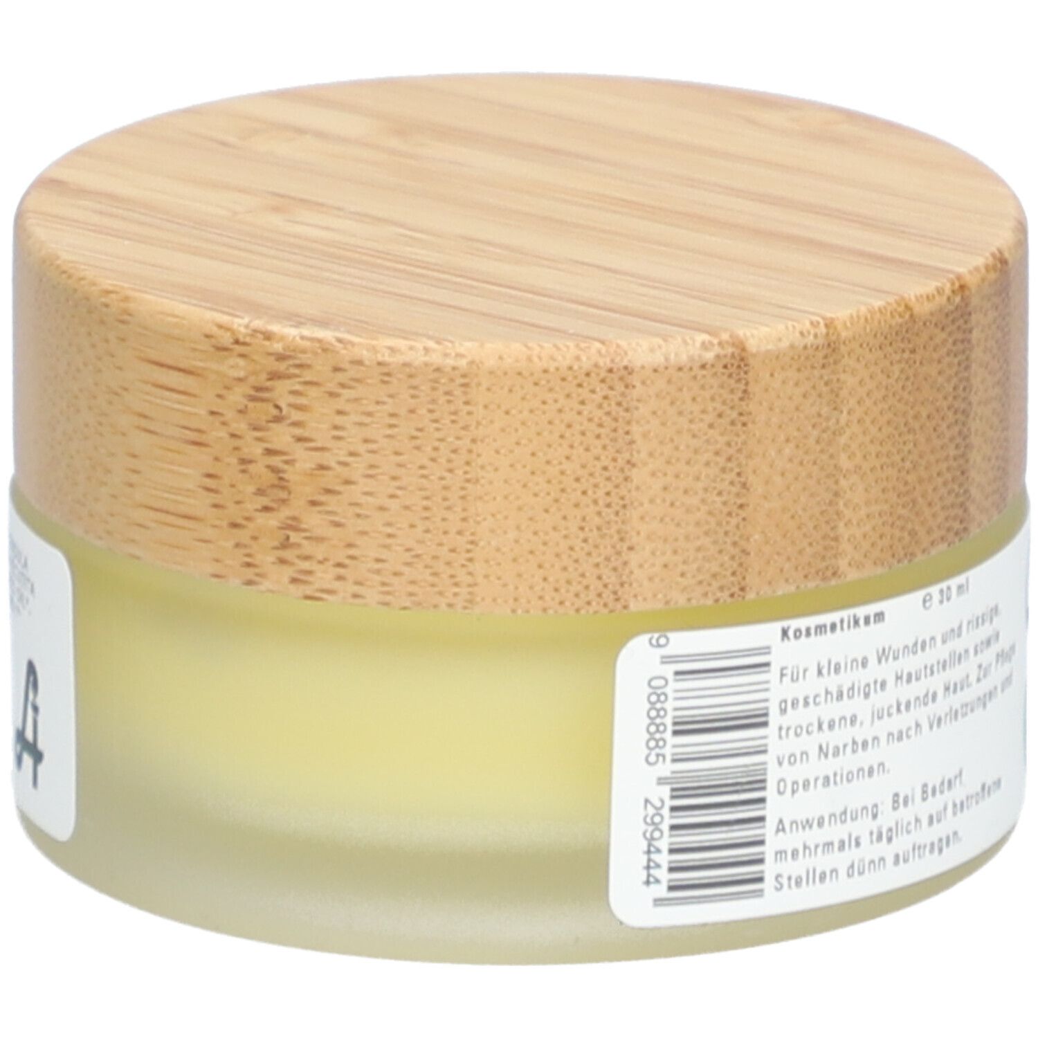 Pot de crème avec couvercle en bois. Code-barres et texte pour petites plaies et peau gercée. Inscription : Cosmétiques, 30 ml.
