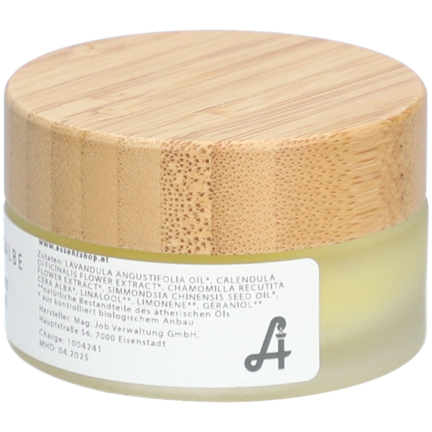 Pot de crème avec couvercle en bois. Inscription : Ingrédients, adresse du fabricant, lot, DDM. Logo Essenz Apotheke Job.