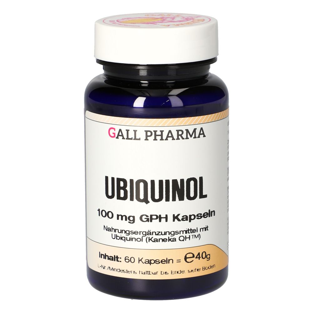 Dunkelblaue Flasche mit weißem Deckel. Aufschrift: GALL PHARMA, Ubiquinol 100 mg GPH Kapseln. Inhalt: 60 Kapseln.